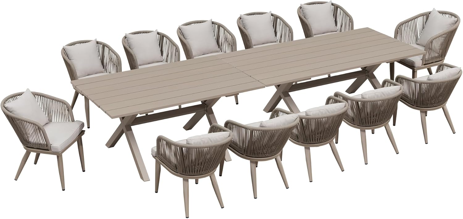 PURPLE LEAF 9 Pieces Patio Dining Set Wicker Outdoor Furniture Rectangular Table and Chairs Set for Garden Deck Teak-Finish Aluminum Frame Backyard Kitchen Set, Cushions and Pillows Included