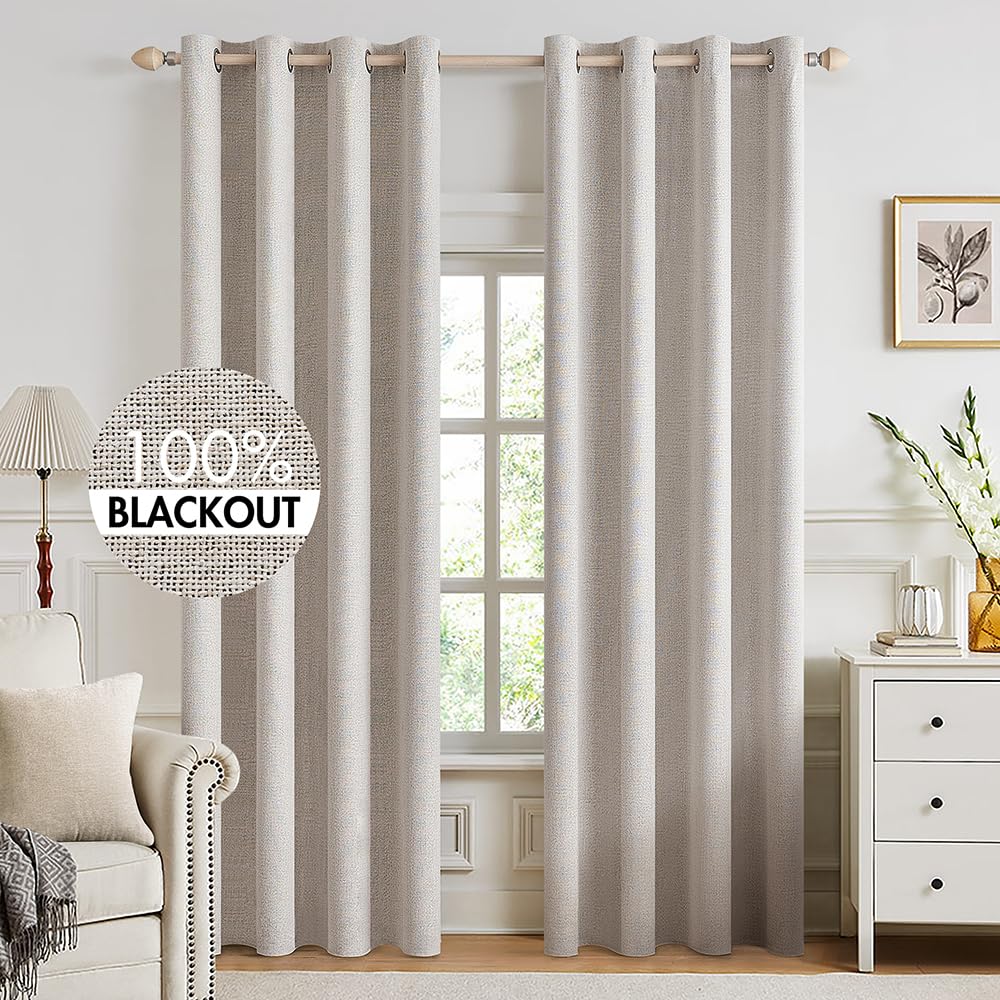 MIULEE Linen Texture Curtains for Bedroom Solid 100% Blackout Thermal Insulated Dusty Blue Curtains Grommet Room Darkening Drapes Luxury Decor for Living Room Nursery 52x84 Inch (2 Panels)