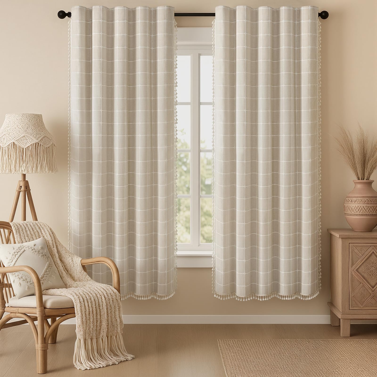Boho Blackout Curtains 2 Panels 84 Inch for Living Room Bedroom, Beige Linen Texture Farmhouse Curtains with Tassels and Cotton Embroidery Vintage Rustic Western Rod Pocket