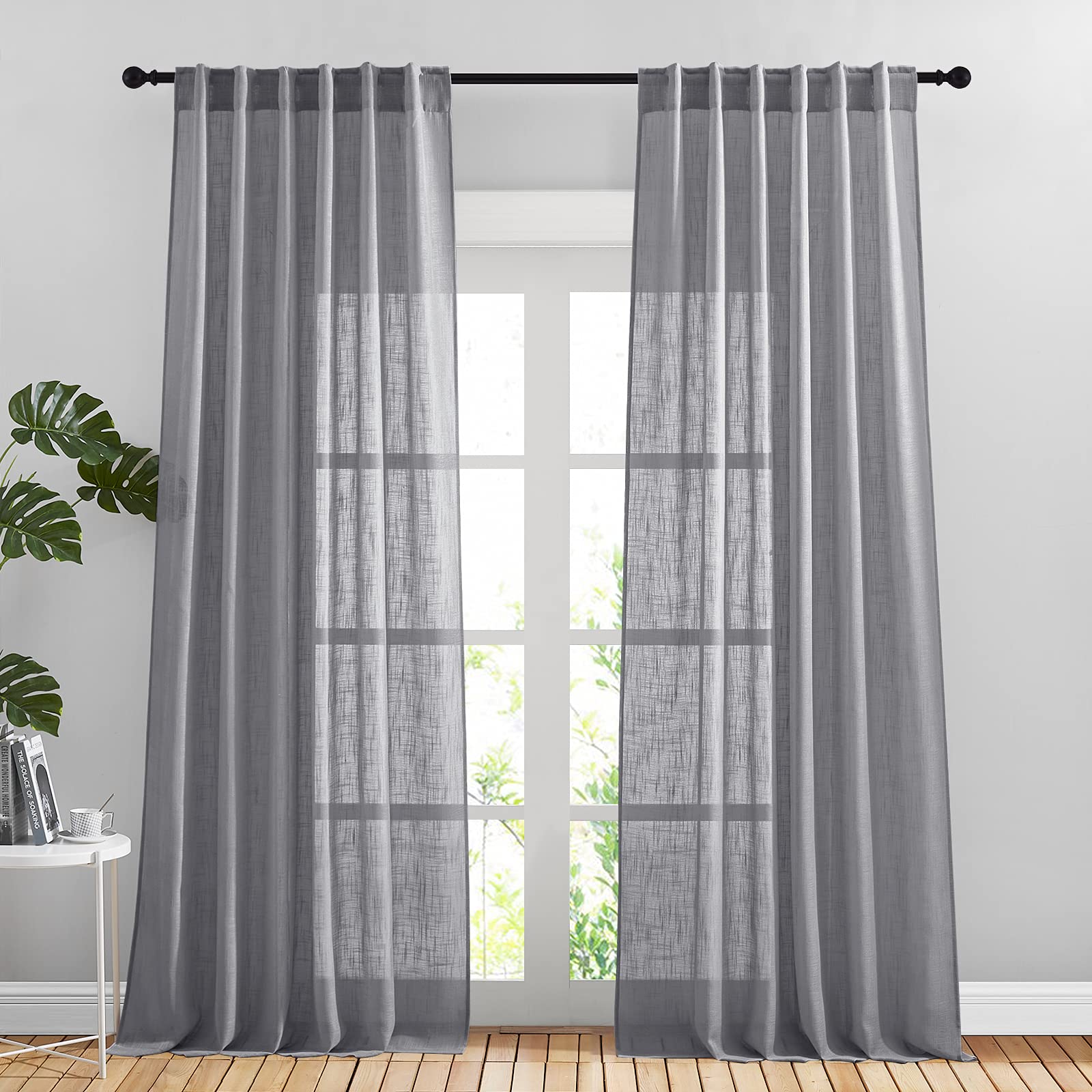 NICETOWN 120 inch Curtains Linen Blend for Bedroom, Rod Pocket & Back Tab Natural Linen Burlap Semi Sheer Window Treatments Privacy with Light Filtering for Living Room, W52 x L120, 2 Panels