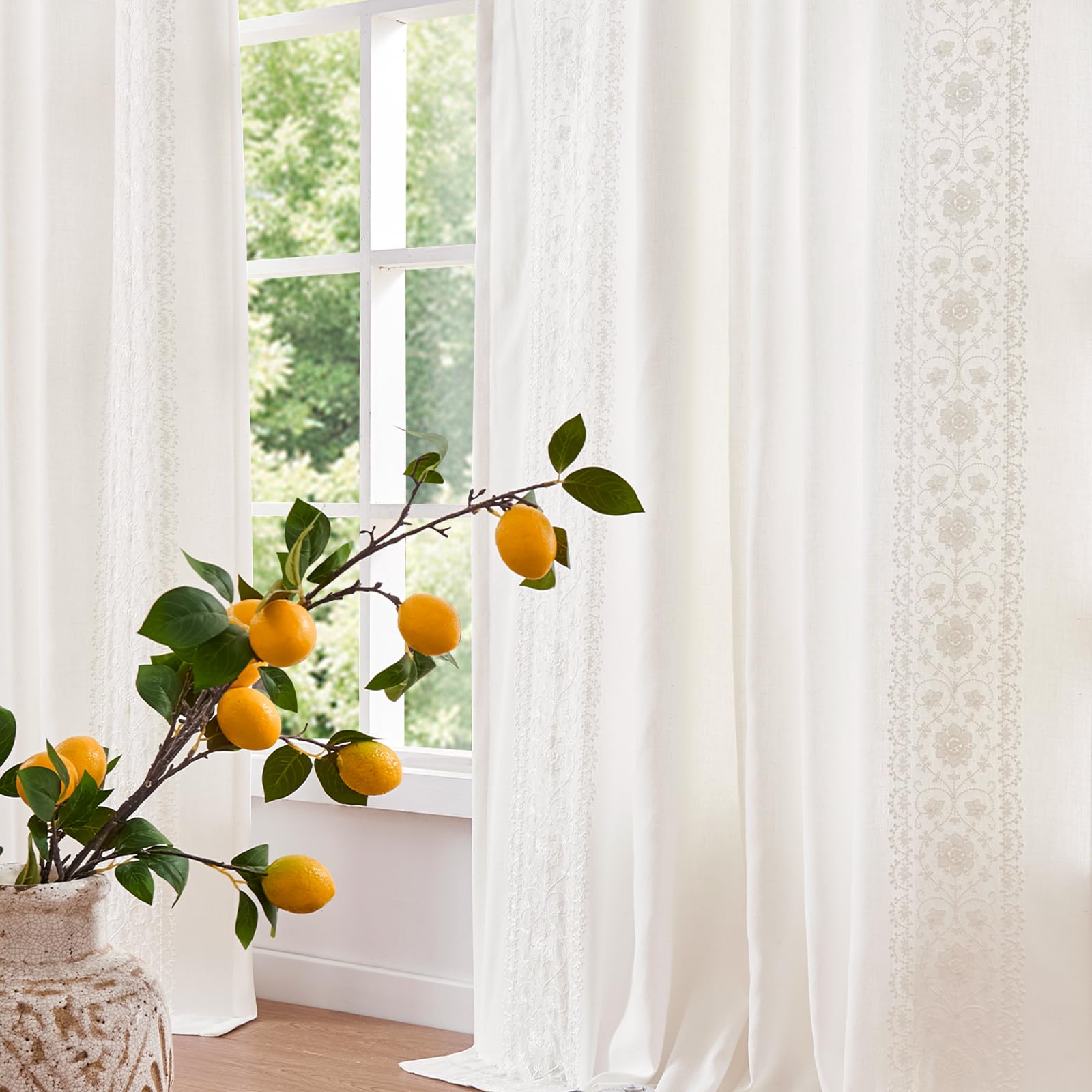 jinchan Weslie Boho Curtains for Bedroom Ivory Vintage Floral Farmhouse Curtains 84 Inches Long Linen Drapes for Living Room Embroidered Light Filtering Drapes Rod Pocket Ivory on Beige 2 Panels