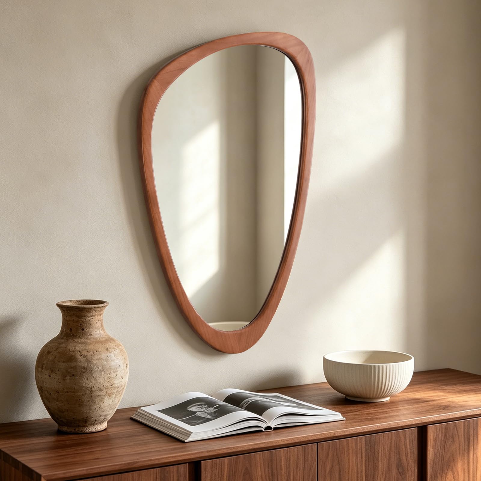 HOMECOOKIN 23.5" H x 19" W Asymmetrical Mirror, Irregular Wooden Wall Mirror for Bedroom, Living Room,Entryway– Mid-Century Modern Decorative Mirror, Solid Wood Frame, Pebble Shaped Design (Walnut)