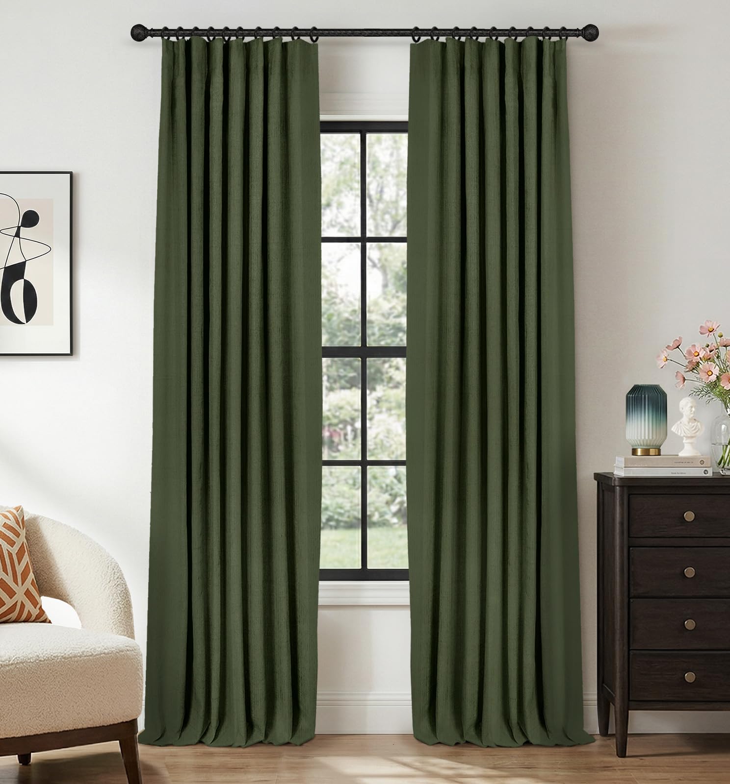 INOVADAY 100% Blackout Curtains for Bedroom, Black Out Curtains 84 Inch Long, Clip Rings Linen Blackout Drapes, Thermal Insulated Room Darkening for Living Room, 2 Panels - Beige,W50xL84