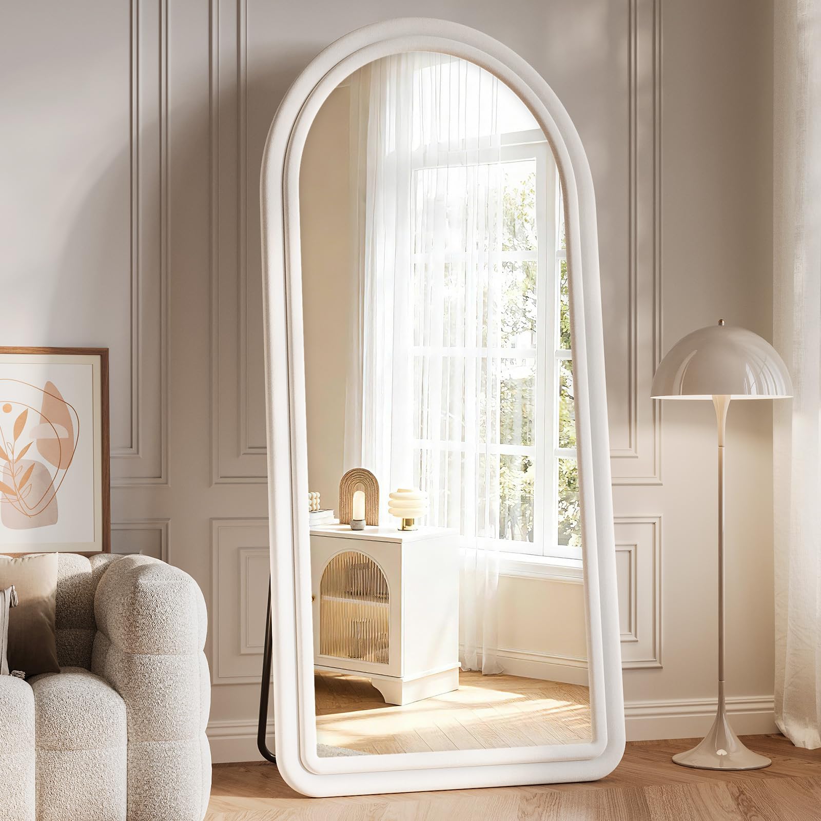 Irregular Full Length Mirror, 63"x24" Flannel Full Body Mirrors, Velvet Floor Mirrors with Stand, Irregular Wavy Mirror Hanging or Leaning Against Wall for Bedroom Living Room, Brown