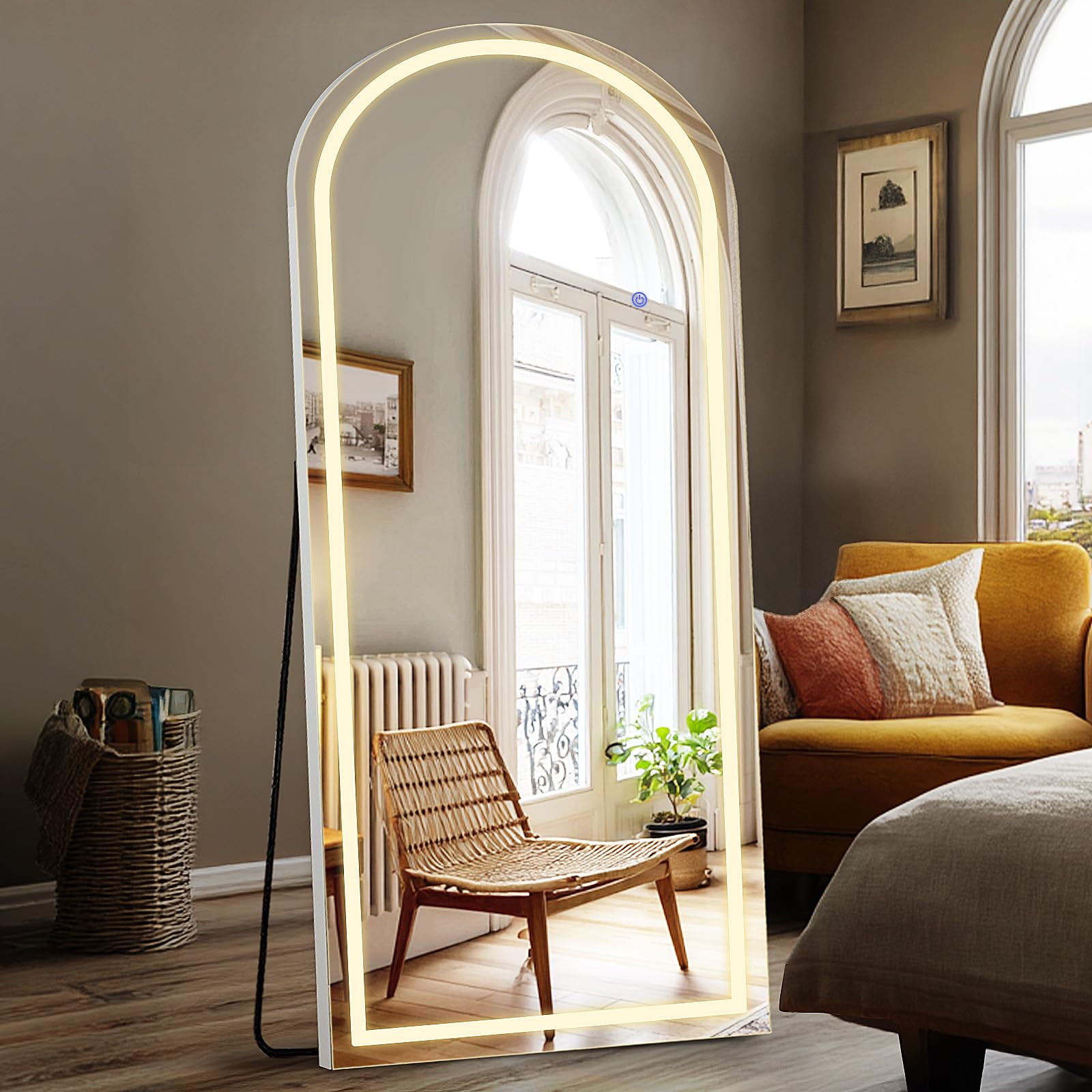DUMOS Arched LED Mirror Full Length with Stand, 16"x60" Full Body Wall Mirror with LED Lights 3 Color Lighting, Hanging or Leaning, Floor Standing, Modern Simple Home Wall Decor