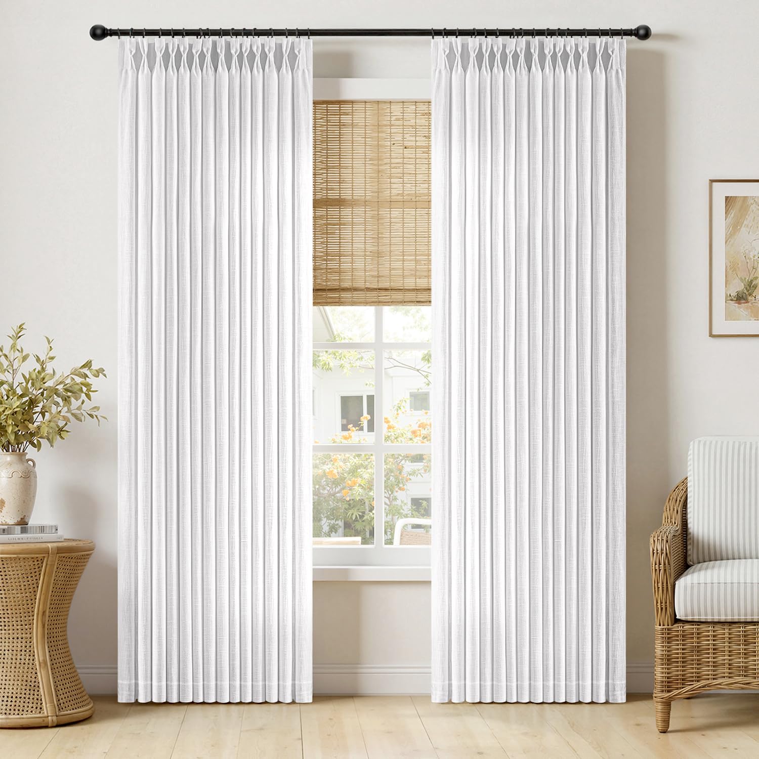 MIULEE Pinch Pleated Thick Linen Curtains 96 Inches Long 2 Panels for Living Room Bedroom, Memory Trained Pleat Drapes Light Filtering Natural Birch Semi Sheer Window Curtains Hooks Rings Back Tab