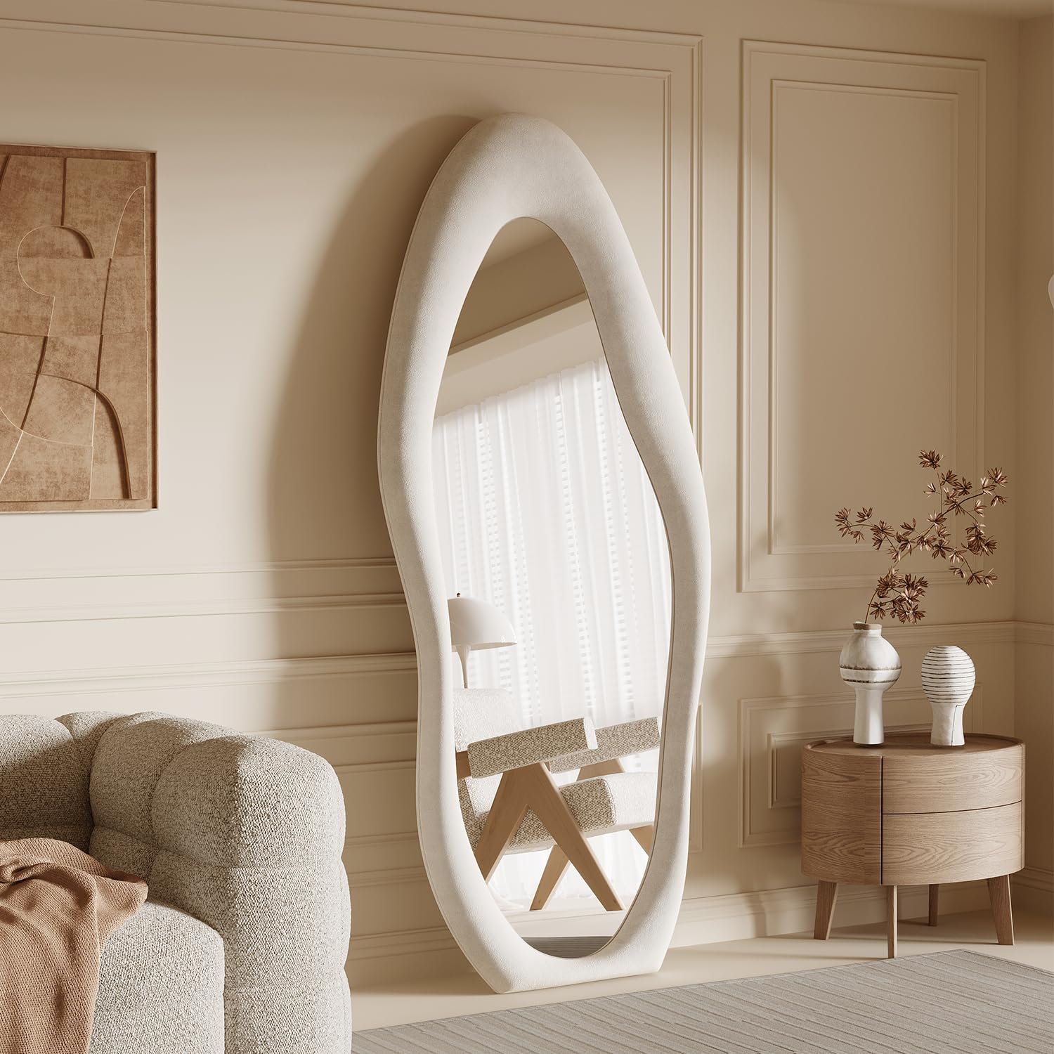 Honyee Full Length Mirror, 63" x 24" Wall Mirror, Flannel Wrapped Wooden Frame Floor Mirror, Irregular Wavy Mirror Hanging or Leaning Against Wall for Cloakroom/Bedroom/Living Room, Milk Tea