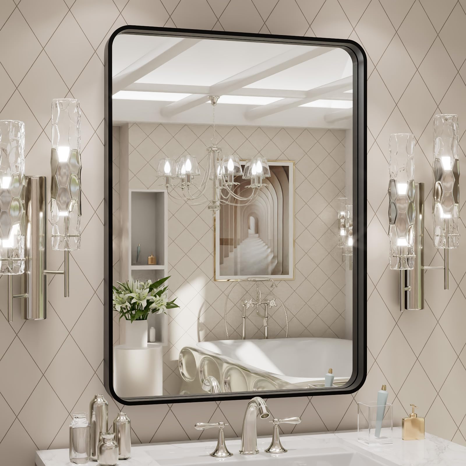 LOAAO Black Metal Framed Bathroom Mirror for Wall, 22X30 Inch Rounded Rectangle Mirror, Matte Black Bathroom Vanity Mirror Farmhouse, Anti-Rust, Hangs Horizontally or Vertically