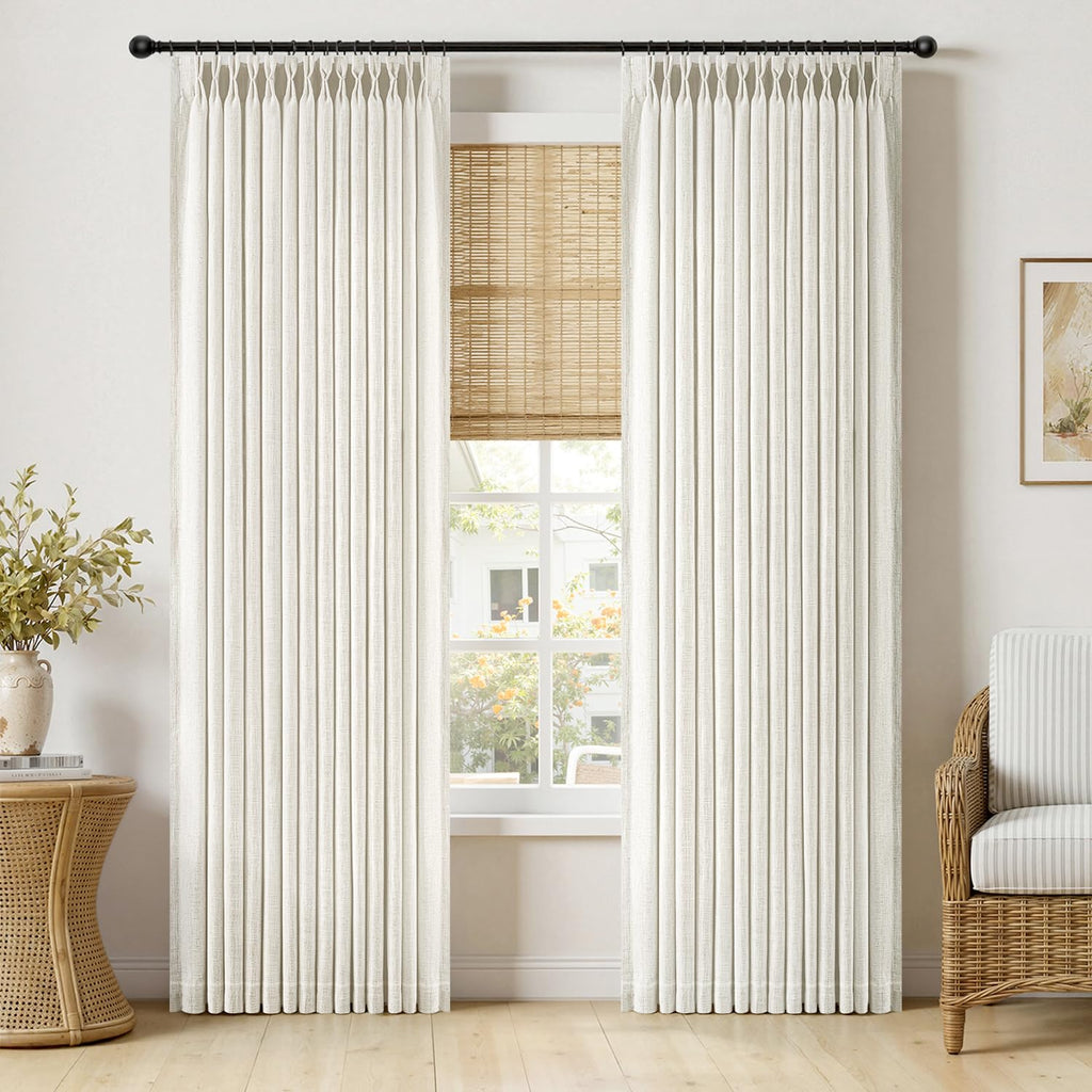 MIULEE Pinch Pleated Thick Linen Curtains 96 Inches Long 2 Panels for Living Room Bedroom, Memory Trained Pleat Drapes Light Filtering Natural Birch Semi Sheer Window Curtains Hooks Rings Back Tab