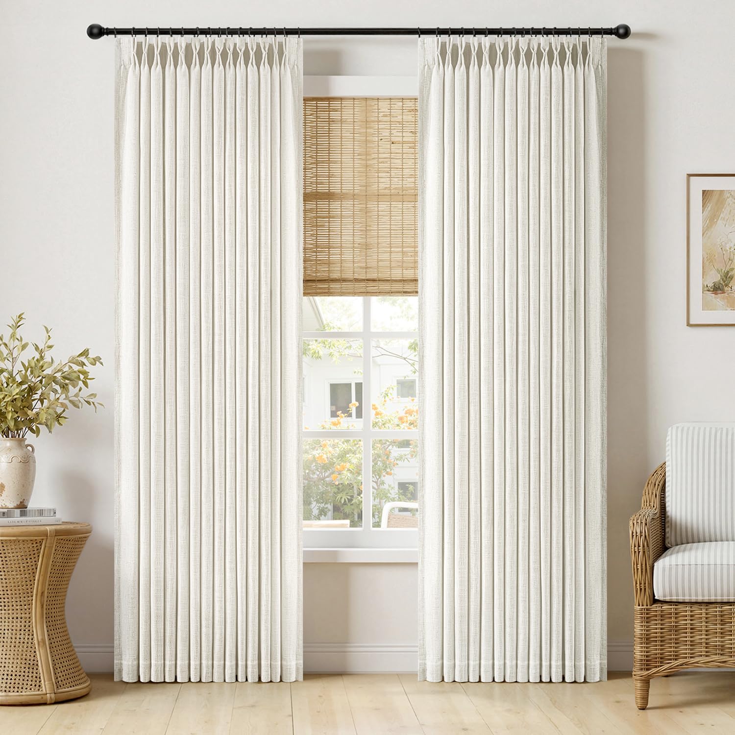 MIULEE Pinch Pleated Thick Linen Curtains 90 Inches Long 2 Panels for Living Room Bedroom, Memory Trained Pinch Pleat Drapes Back Tab Light Filtering Natural Ivory Cream Window Curtains with Hooks