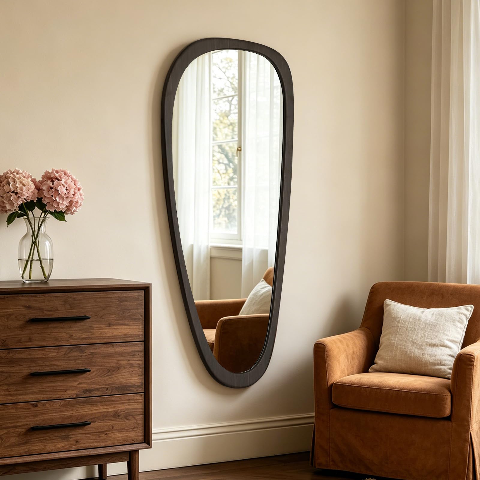 HOMECOOKIN 23.5" H x 19" W Asymmetrical Mirror, Irregular Wooden Wall Mirror for Bedroom, Living Room,Entryway– Mid-Century Modern Decorative Mirror, Solid Wood Frame, Pebble Shaped Design (Walnut)