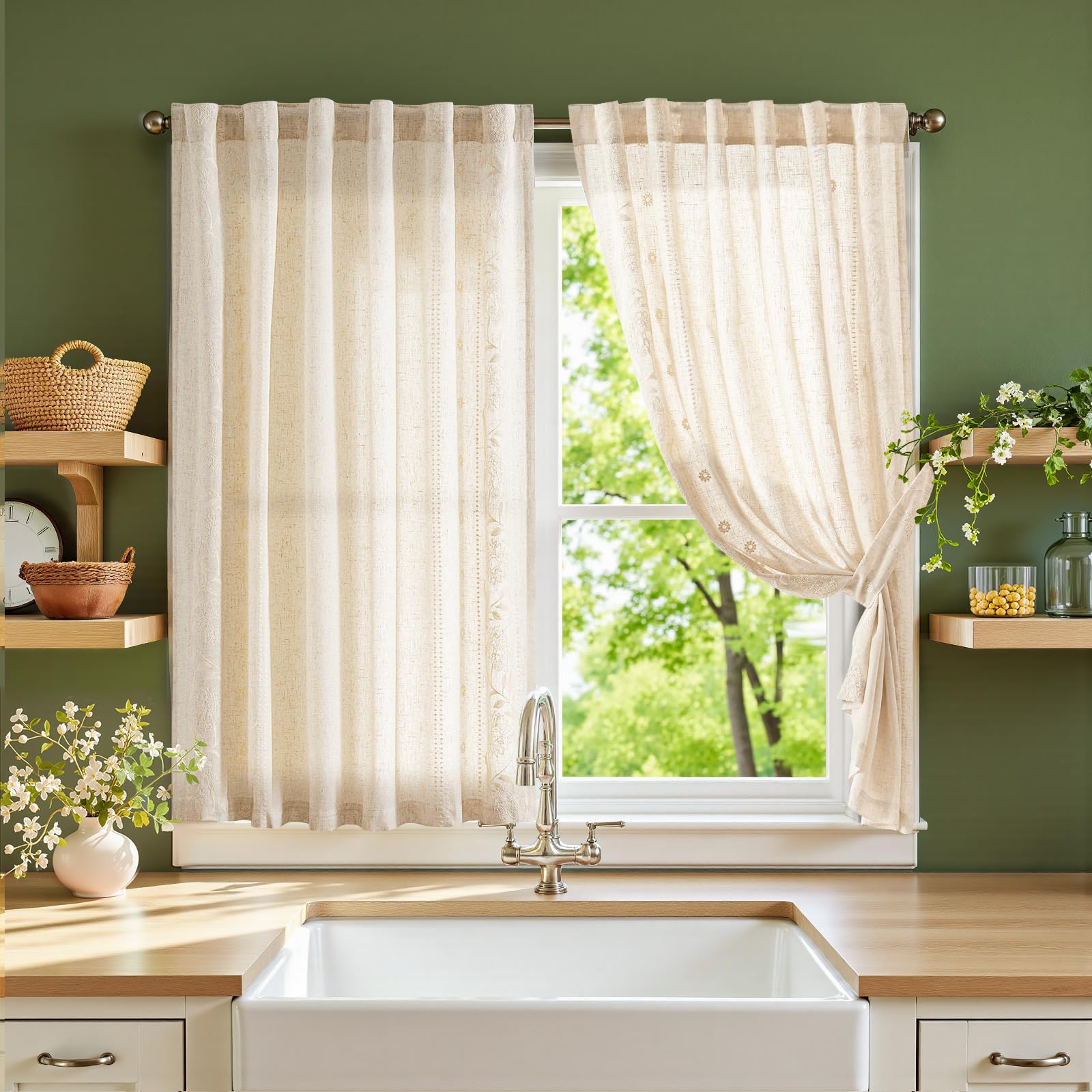jinchan Winslow Linen Curtains for Bedroom 84 Inches Length Embroidered Bordered Floral Curtains for Living Room Farmhouse Decor Light Filtering Window Treatments Ivory on Beige Drapes 2 Panels
