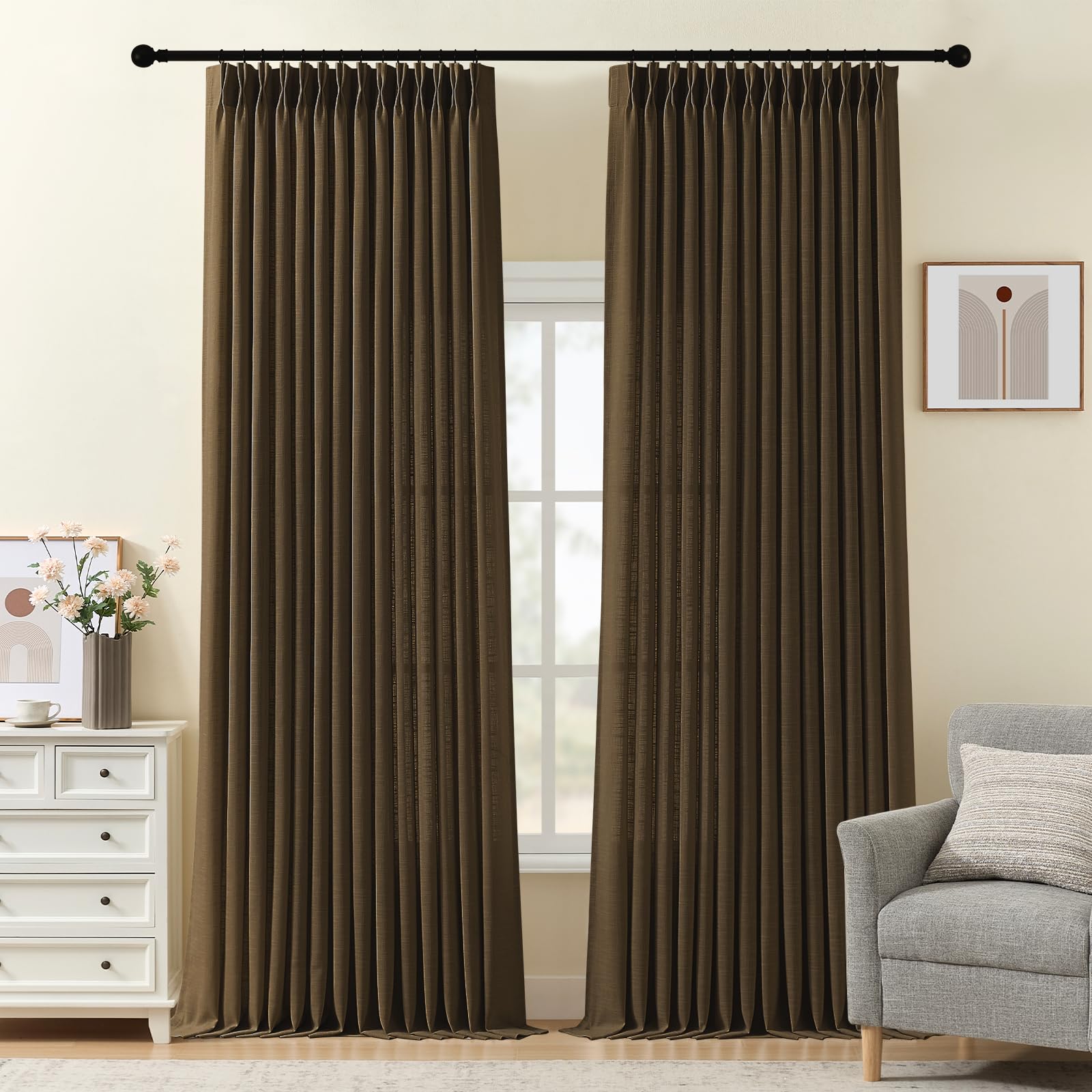 Pinch Pleated Linen Curtains 84 Inch Length 2 Panels Set, Light Filtering Linen Blend Sheer Drapes Memory Trained Pleated Curtain Back Tab with Hooks Rings for Living Room Bedroom, Natural, W40xL84