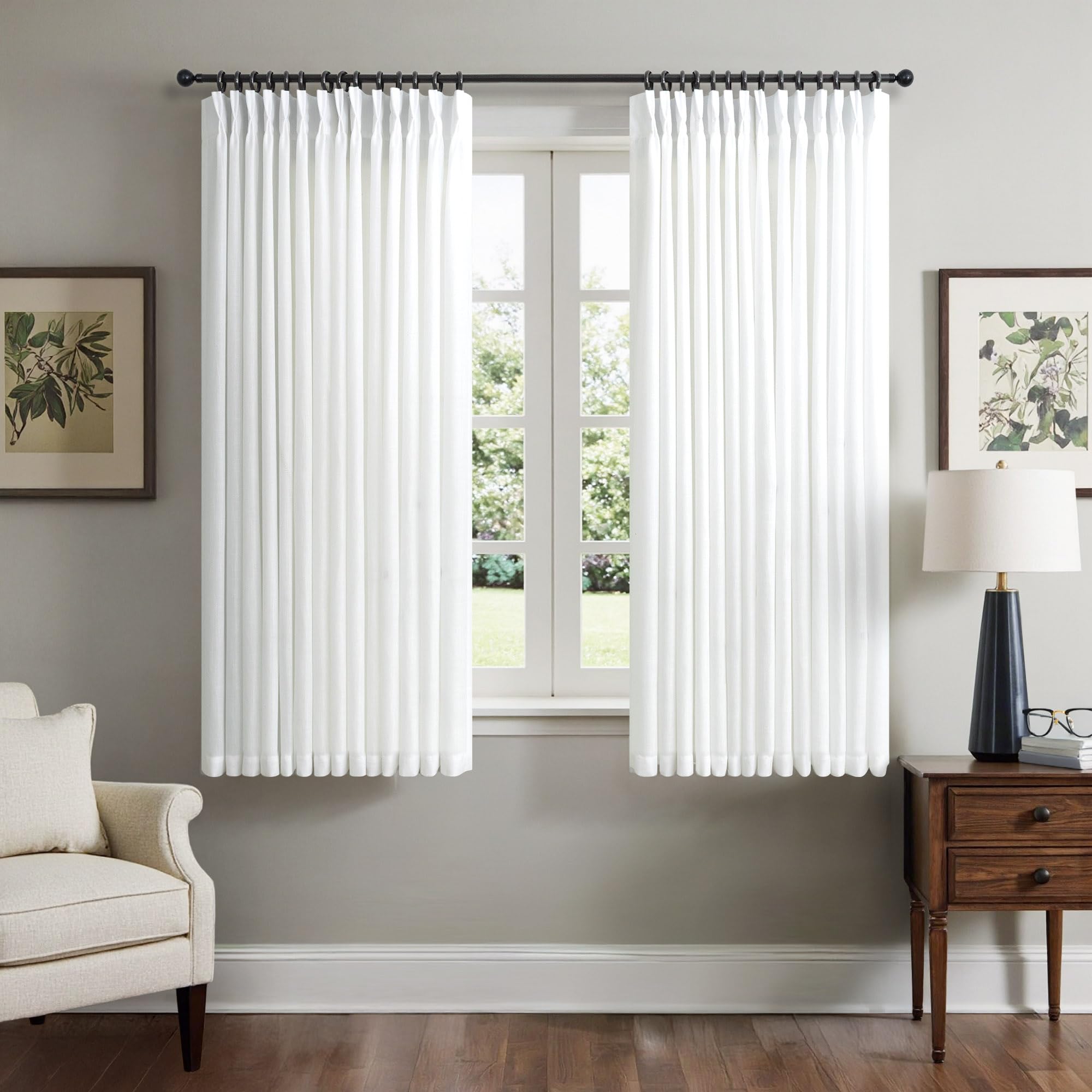 Natural Pinch Pleated Linen Cream Curtains 84 Inch Length 2 Panels for Living Room Bedroom Ivory Semi Sheer Light Filtering Modern Farmhouse Boho Neutral Rustic Long Drapes Back Tab Pleat Hooks Rings