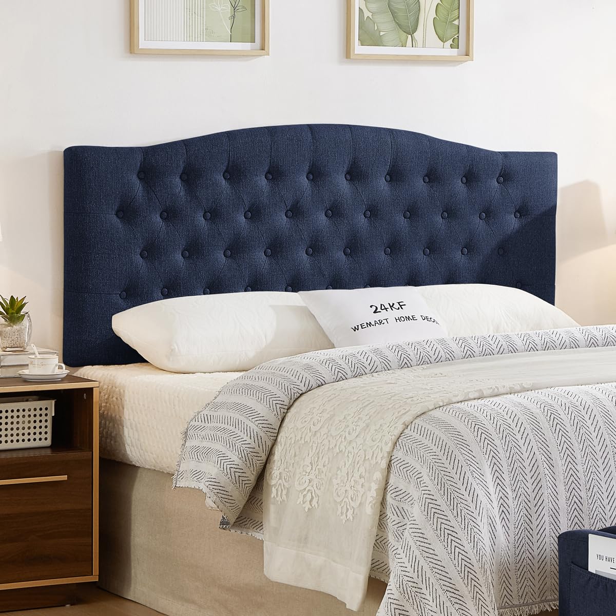 24KF Upholstered Tufted Button Linen Fabric Headboard,Comfortable Fashional Headboard Queen/Full Size,Ivory