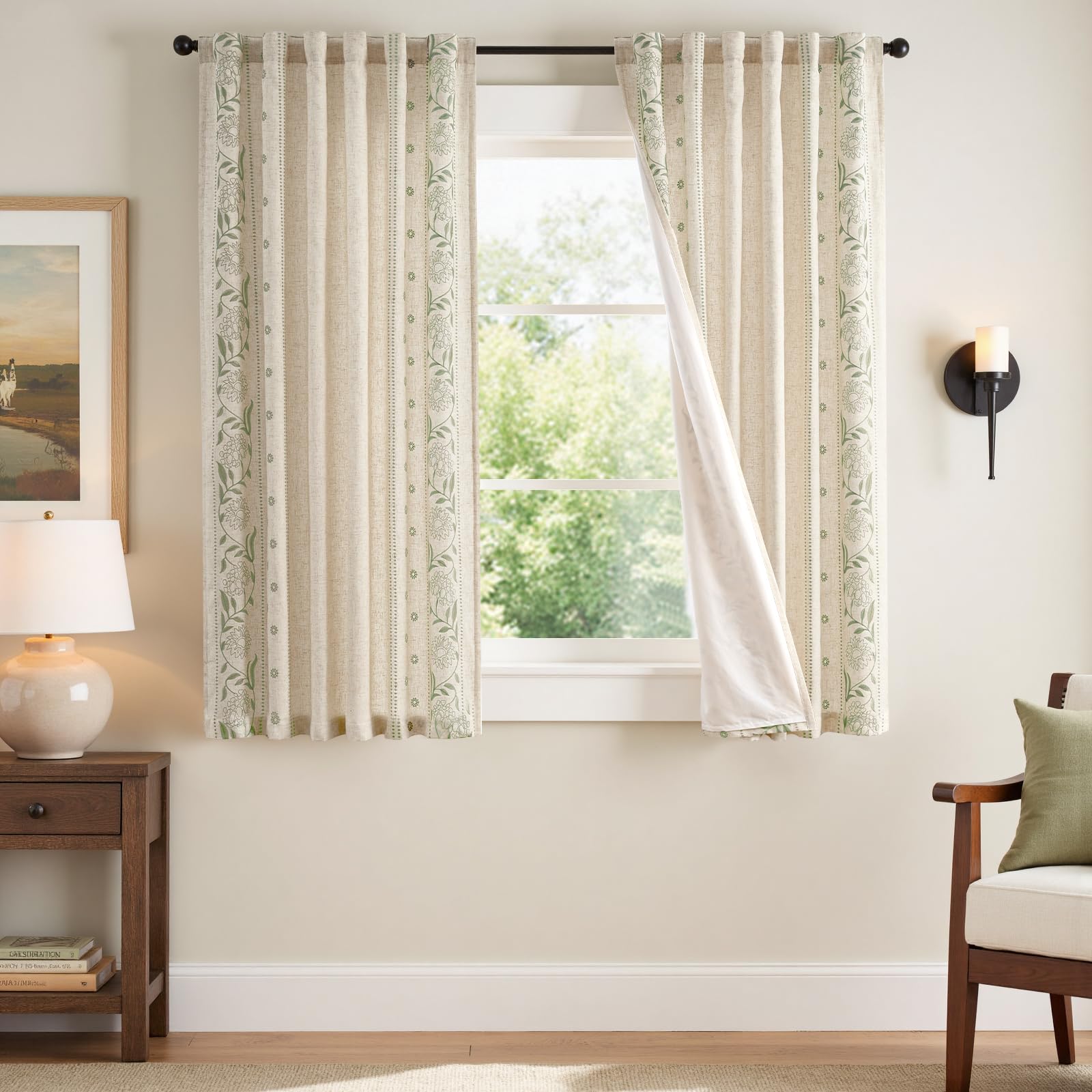 jinchan Winslow Linen Curtains for Bedroom 84 Inches Length Embroidered Bordered Floral Curtains for Living Room Farmhouse Decor Light Filtering Window Treatments Ivory on Beige Drapes 2 Panels