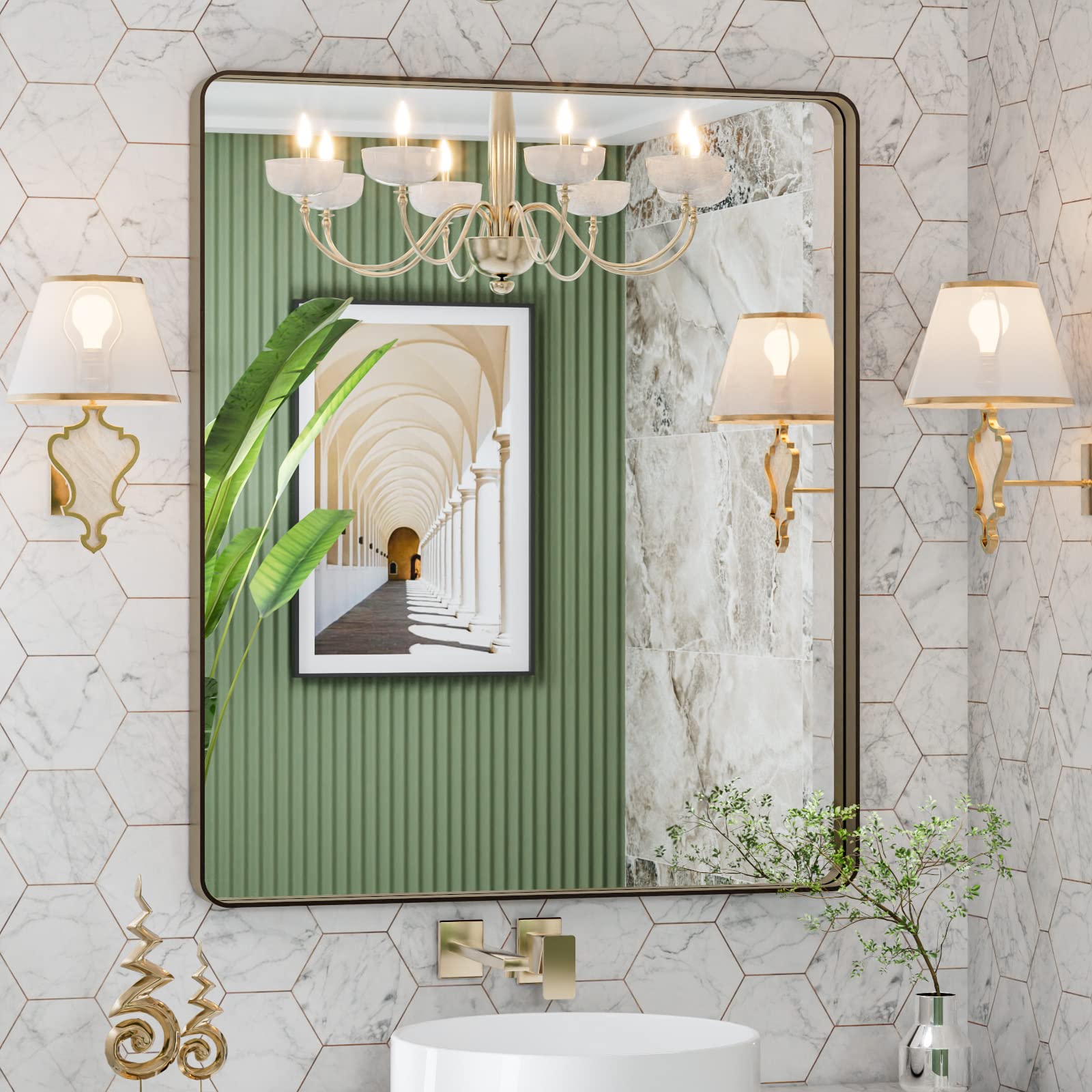 LOAAO Black Metal Framed Bathroom Mirror for Wall, 22X30 Inch Rounded Rectangle Mirror, Matte Black Bathroom Vanity Mirror Farmhouse, Anti-Rust, Hangs Horizontally or Vertically