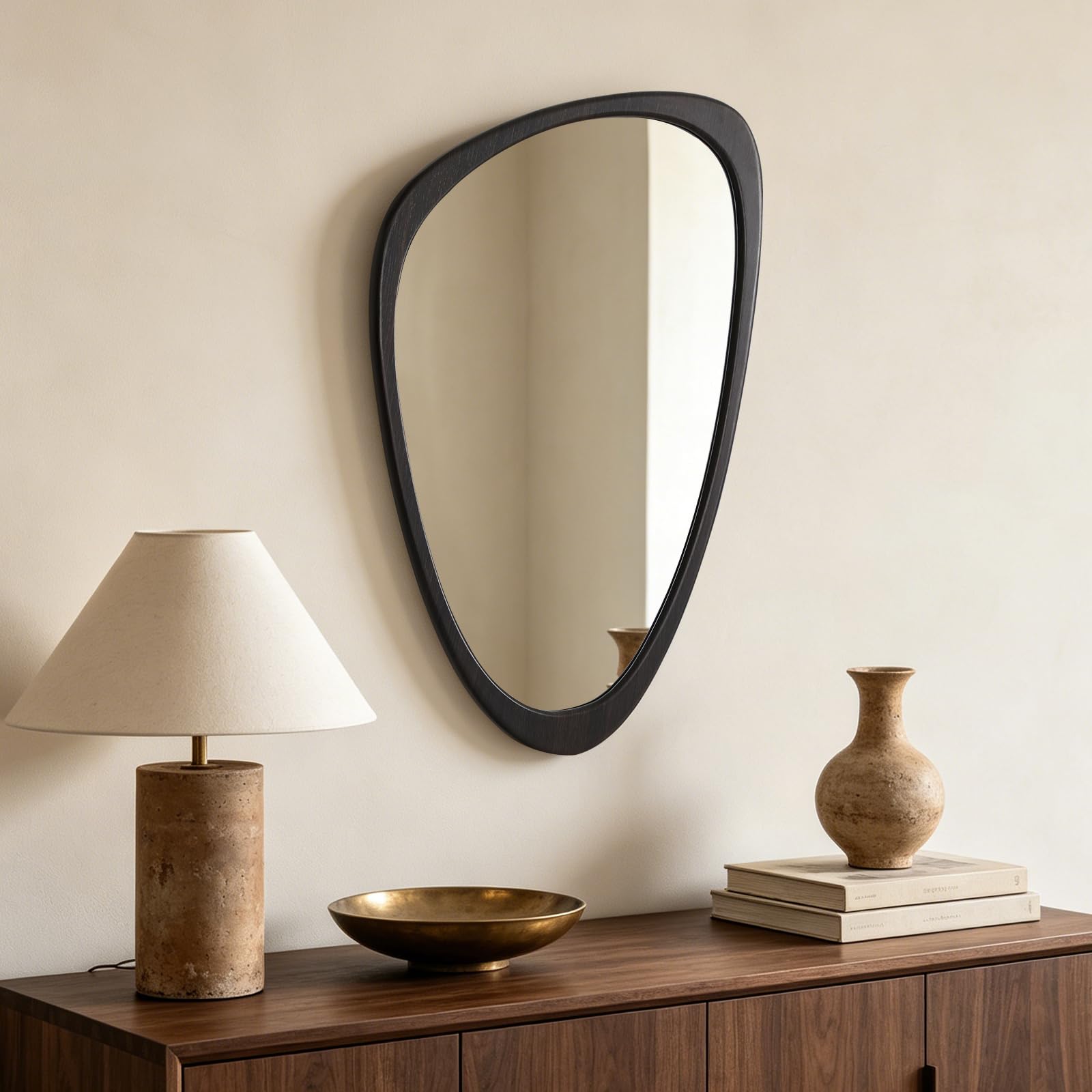 HOMECOOKIN 23.5" H x 19" W Asymmetrical Mirror, Irregular Wooden Wall Mirror for Bedroom, Living Room,Entryway– Mid-Century Modern Decorative Mirror, Solid Wood Frame, Pebble Shaped Design (Walnut)
