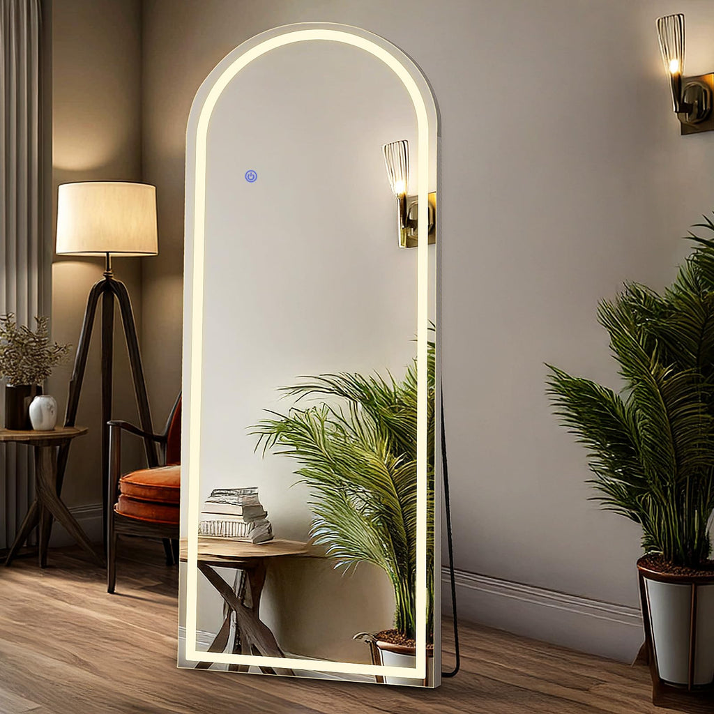 DUMOS Arched LED Mirror Full Length with Stand, 16"x60" Full Body Wall Mirror with LED Lights 3 Color Lighting, Hanging or Leaning, Floor Standing, Modern Simple Home Wall Decor