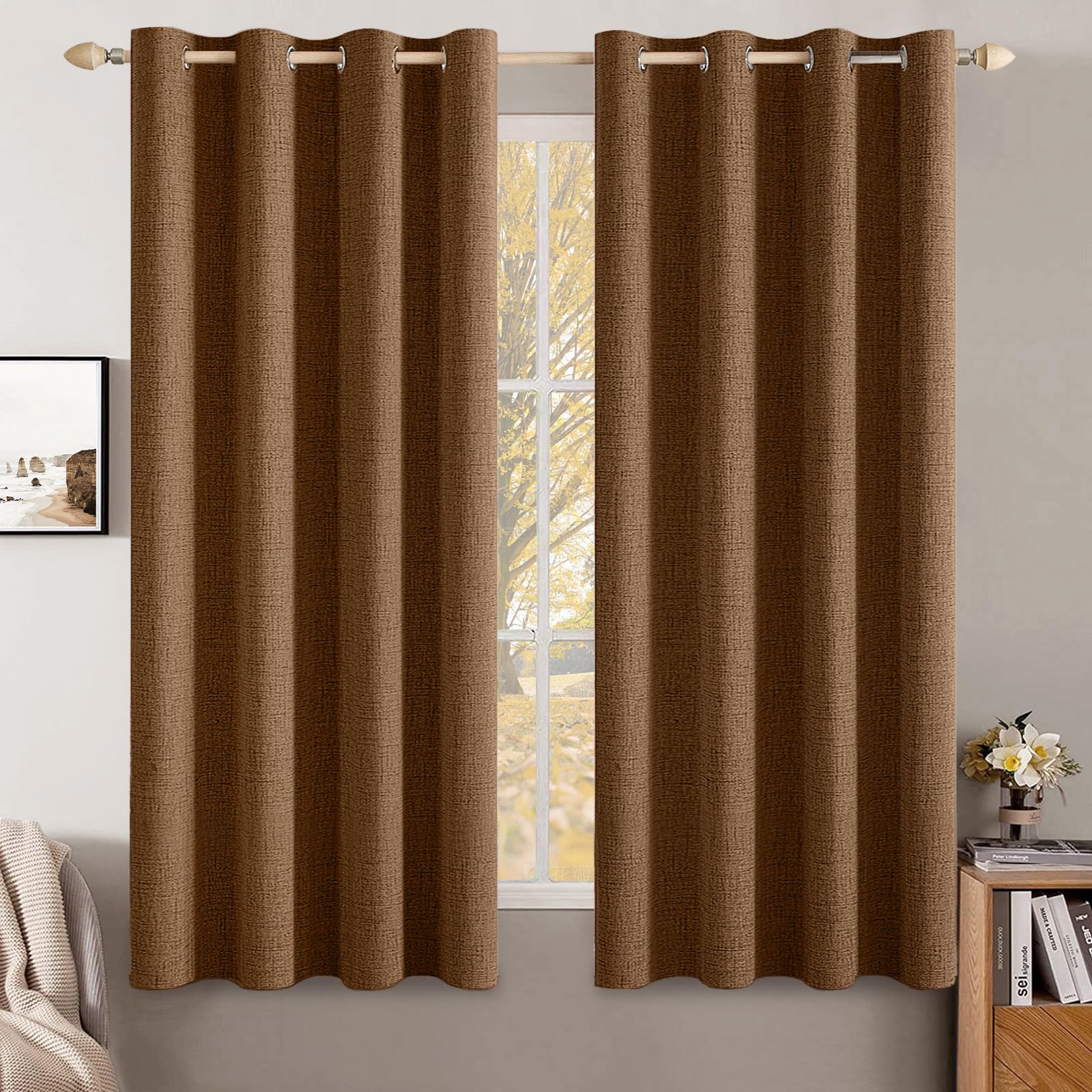 MIULEE 100% Blackout Linen Textured Curtains for Bedroom Solid Thermal Insulated Natural Beige Grommet Room Darkening Curtains & Drapes Luxury Decor for Living Room Nursery 52 x 96 Inch (2 Panels)