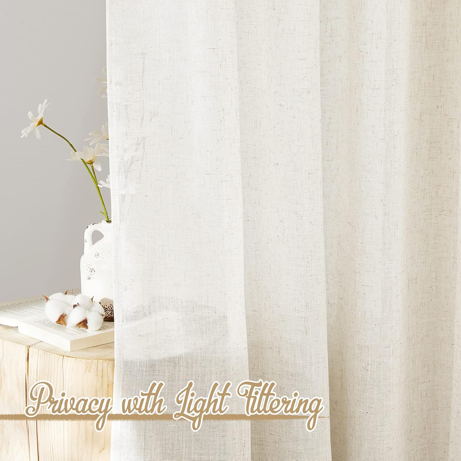 NICETOWN 120 inch Curtains Linen Blend for Bedroom, Rod Pocket & Back Tab Natural Linen Burlap Semi Sheer Window Treatments Privacy with Light Filtering for Living Room, W52 x L120, 2 Panels