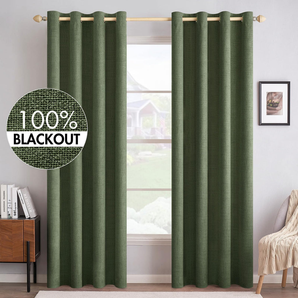 MIULEE 100% Blackout Linen Textured Curtains for Bedroom Solid Thermal Insulated Natural Beige Grommet Room Darkening Curtains & Drapes Luxury Decor for Living Room Nursery 52 x 96 Inch (2 Panels)