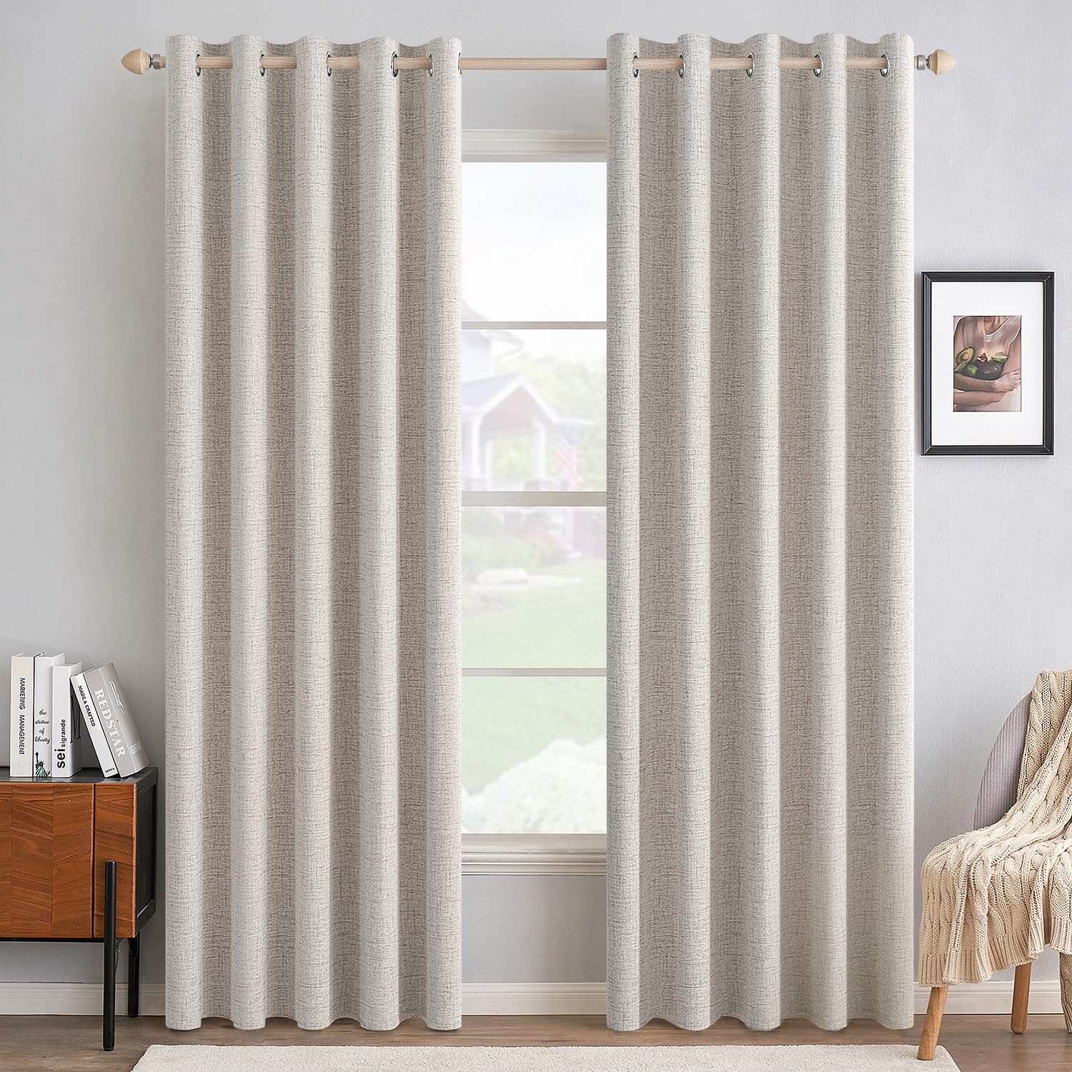 MIULEE Linen Texture Curtains for Bedroom Solid 100% Blackout Thermal Insulated Dusty Blue Curtains Grommet Room Darkening Drapes Luxury Decor for Living Room Nursery 52x84 Inch (2 Panels)