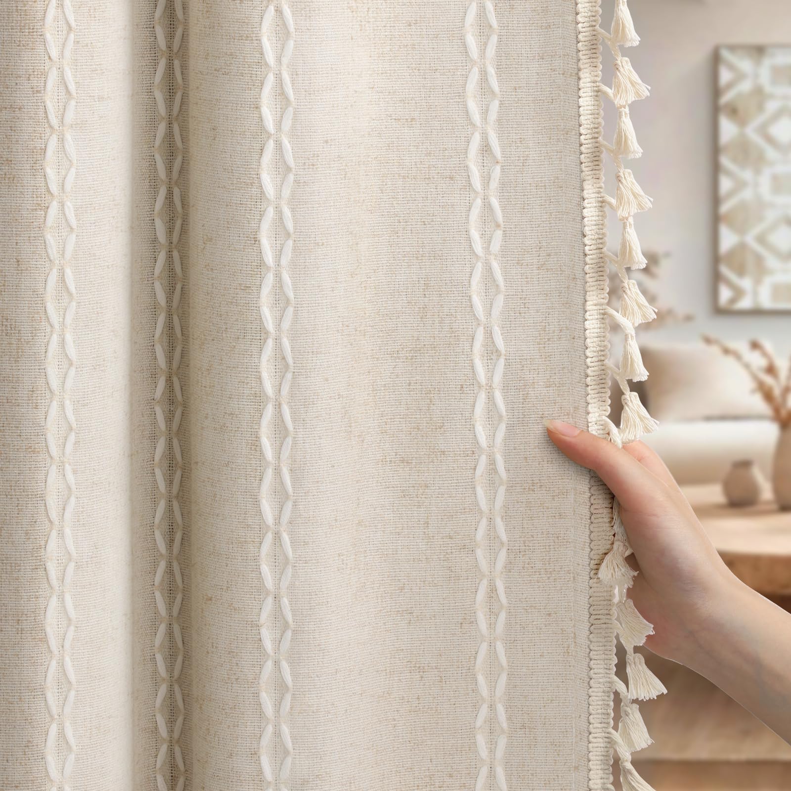 Boho Blackout Curtains 2 Panels 84 Inch for Living Room Bedroom, Beige Linen Texture Farmhouse Curtains with Tassels and Cotton Embroidery Vintage Rustic Western Rod Pocket