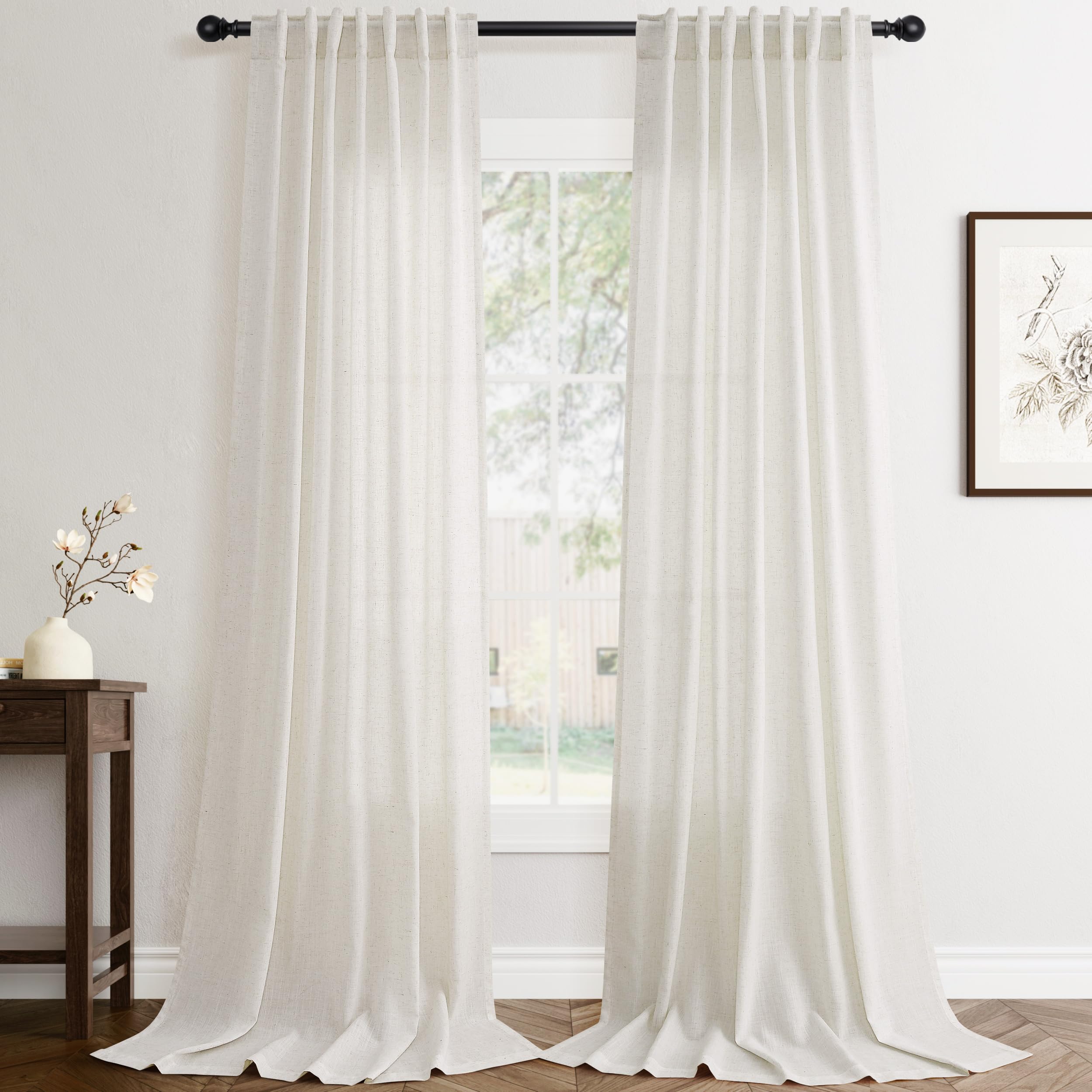 Flax Linen Beige Curtains 96 inches Long 2 Panel for Living Room Back Tab Pocket Drapes Semi Sheer Privacy Khaki Window Curtain Country Rustic Farmhouse Cloth Curtain for Dinning Room Tan