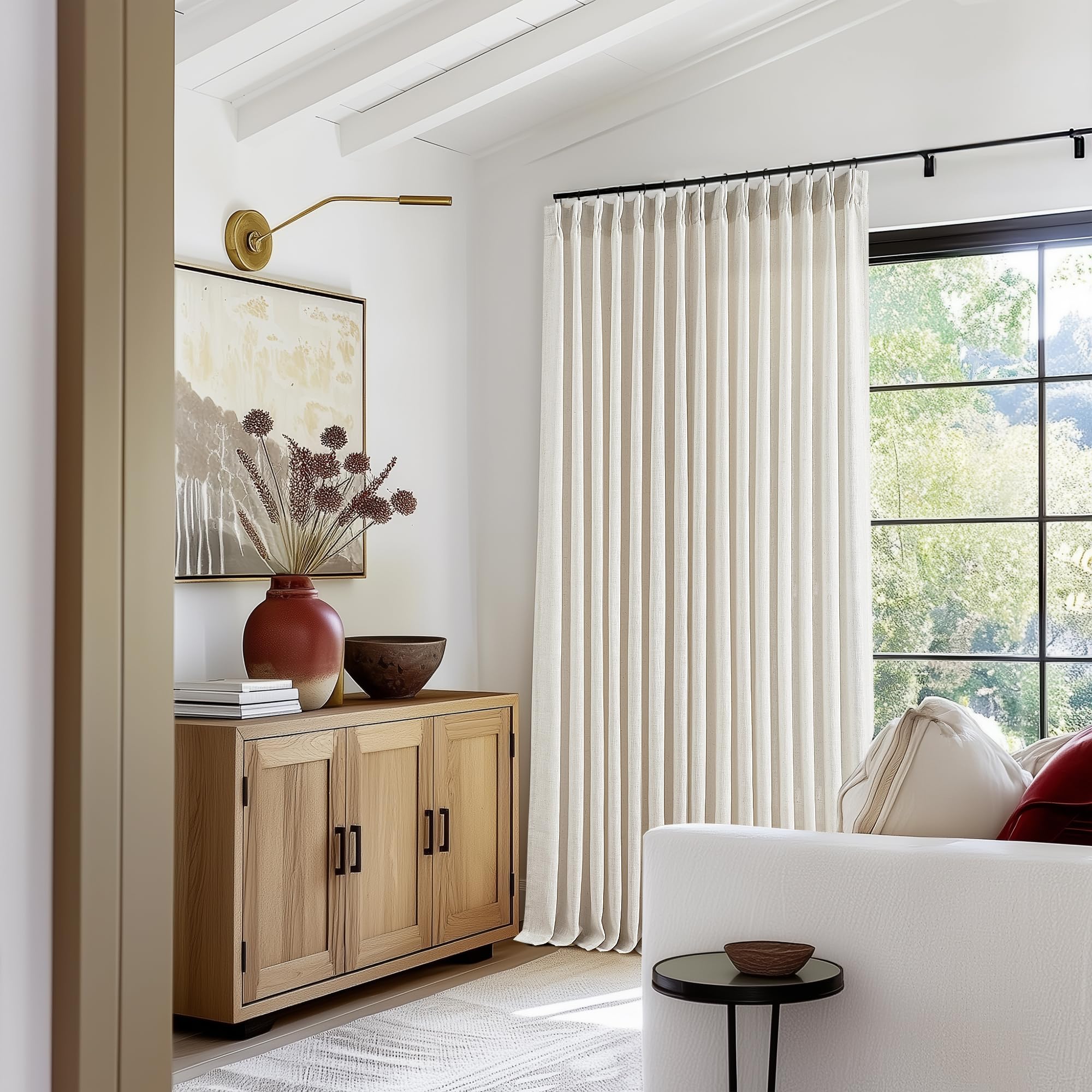 Pinch Pleated Linen Curtains 108 Inches Long for Living Room 2 Panels Set Cream Ivory Flax Double Pleated Drapes Back Tab Neutral Boho Ceiling Floor 108 Inch Window Curtains Bedroom Natural Birch