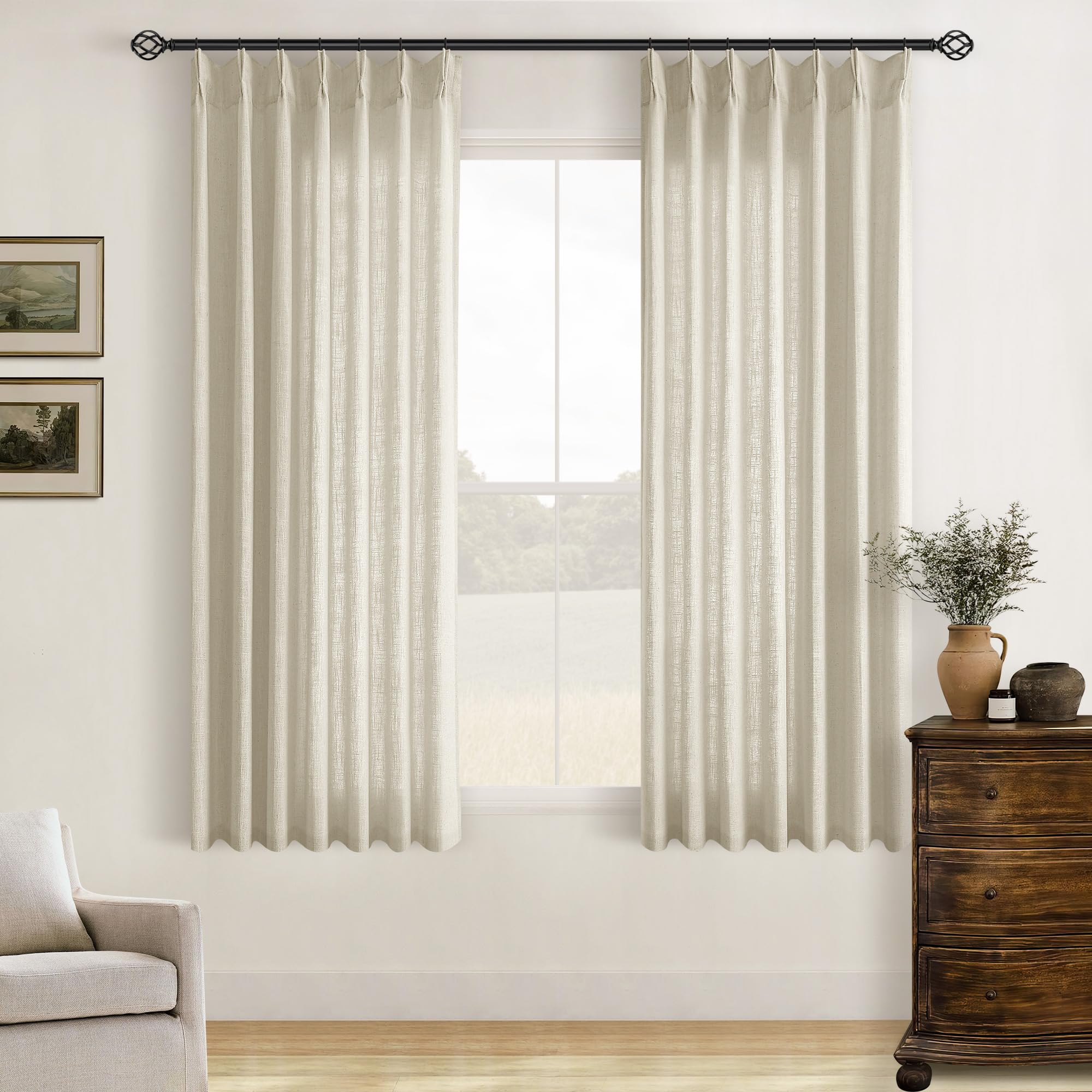 Pinch Pleated Linen Curtains 108 Inches Long for Living Room 2 Panels Set Cream Ivory Flax Double Pleated Drapes Back Tab Neutral Boho Ceiling Floor 108 Inch Window Curtains Bedroom Natural Birch