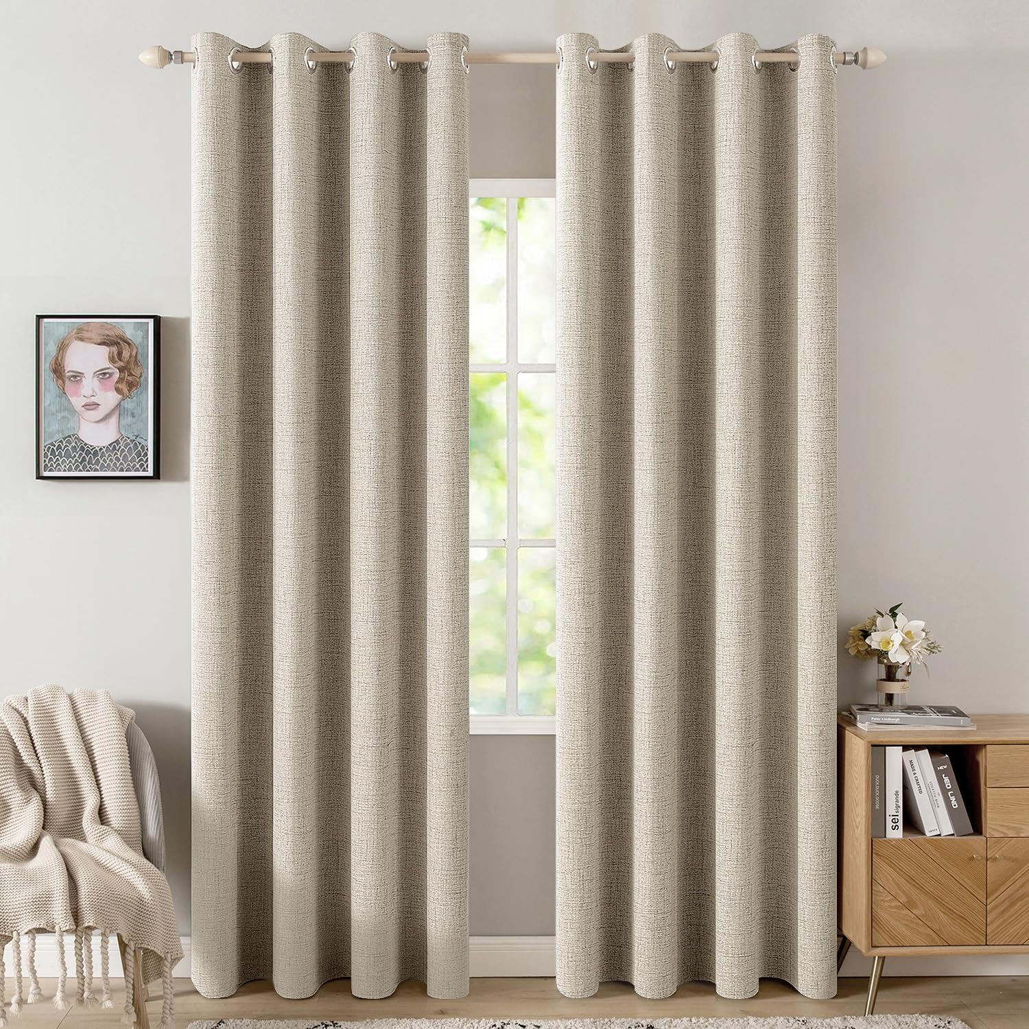 MIULEE 100% Blackout Linen Textured Curtains for Bedroom Solid Thermal Insulated Natural Beige Grommet Room Darkening Curtains & Drapes Luxury Decor for Living Room Nursery 52 x 96 Inch (2 Panels)