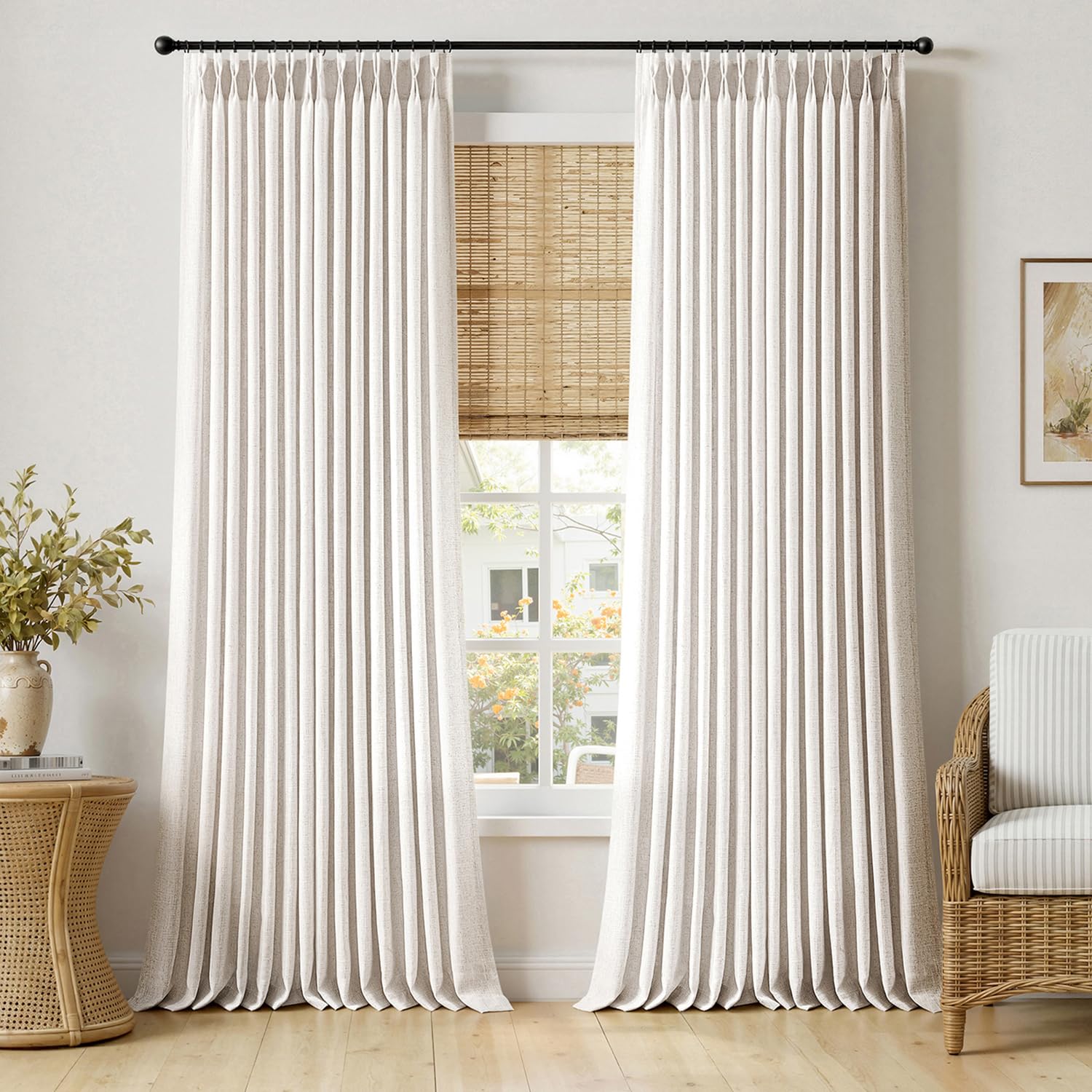 MIULEE Pinch Pleated Thick Linen Curtains 90 Inches Long 2 Panels for Living Room Bedroom, Memory Trained Pinch Pleat Drapes Back Tab Light Filtering Natural Ivory Cream Window Curtains with Hooks