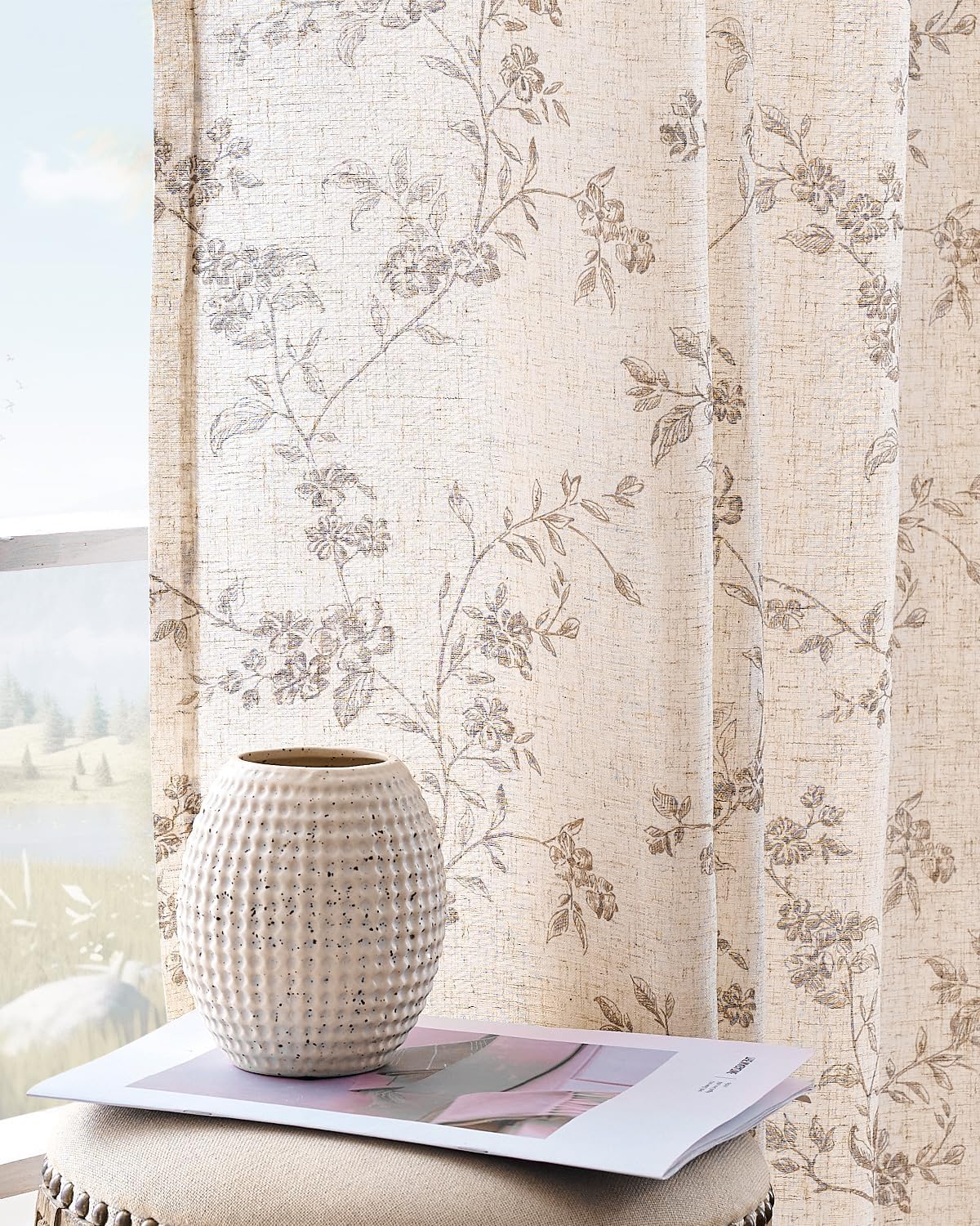 jinchan Linen Floral Curtains for Living Room 96 Inch Length Taupe Printed Curtains Back Tab French Country Farmhouse Flower Patterned Drapes Bedroom Window Curtain Set 2 Panels