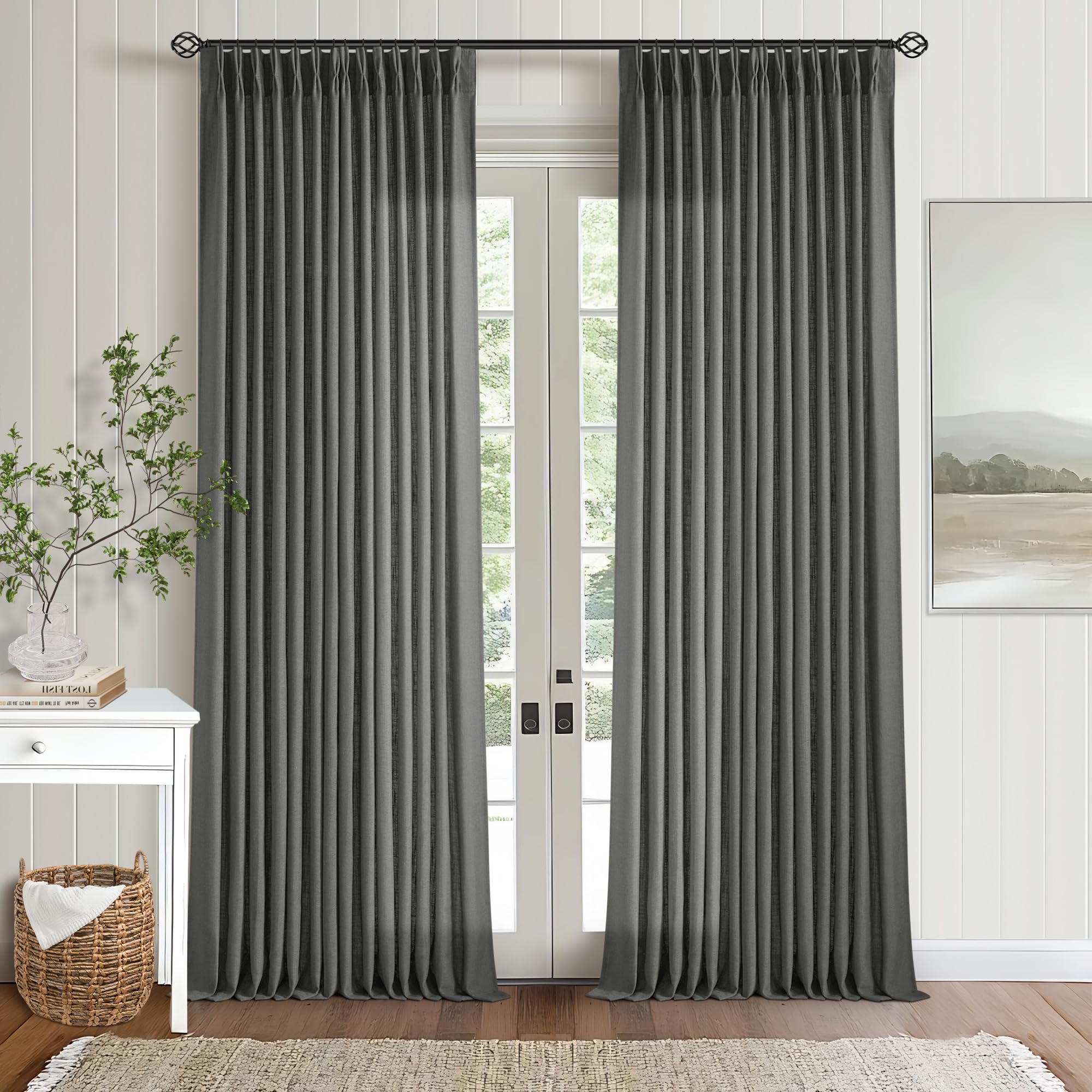 Pinch Pleated Linen Curtains 108 Inches Long for Living Room 2 Panels Set Cream Ivory Flax Double Pleated Drapes Back Tab Neutral Boho Ceiling Floor 108 Inch Window Curtains Bedroom Natural Birch