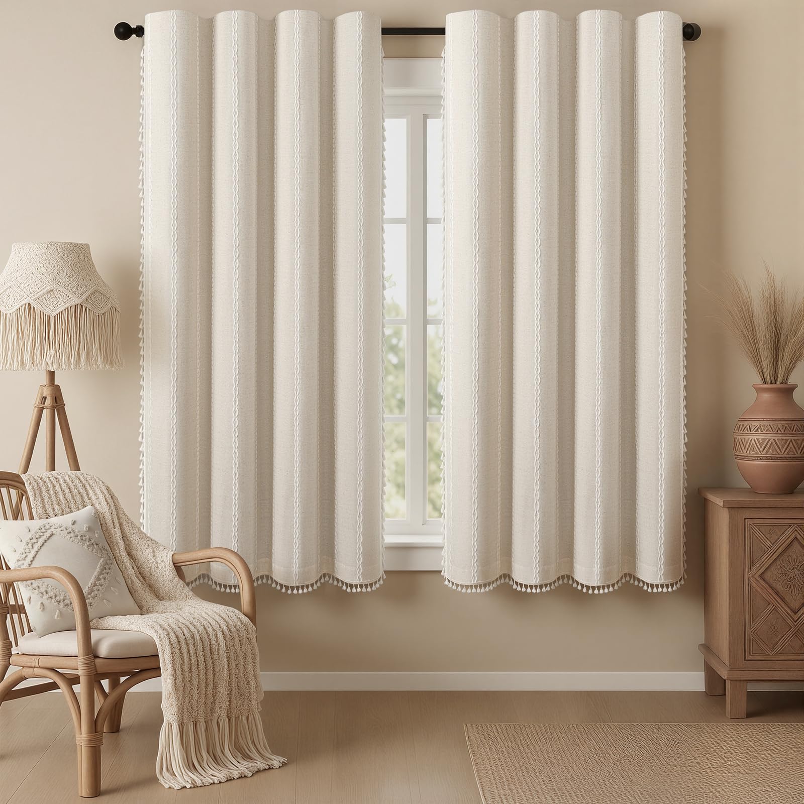 Boho Blackout Curtains 2 Panels 84 Inch for Living Room Bedroom, Beige Linen Texture Farmhouse Curtains with Tassels and Cotton Embroidery Vintage Rustic Western Rod Pocket