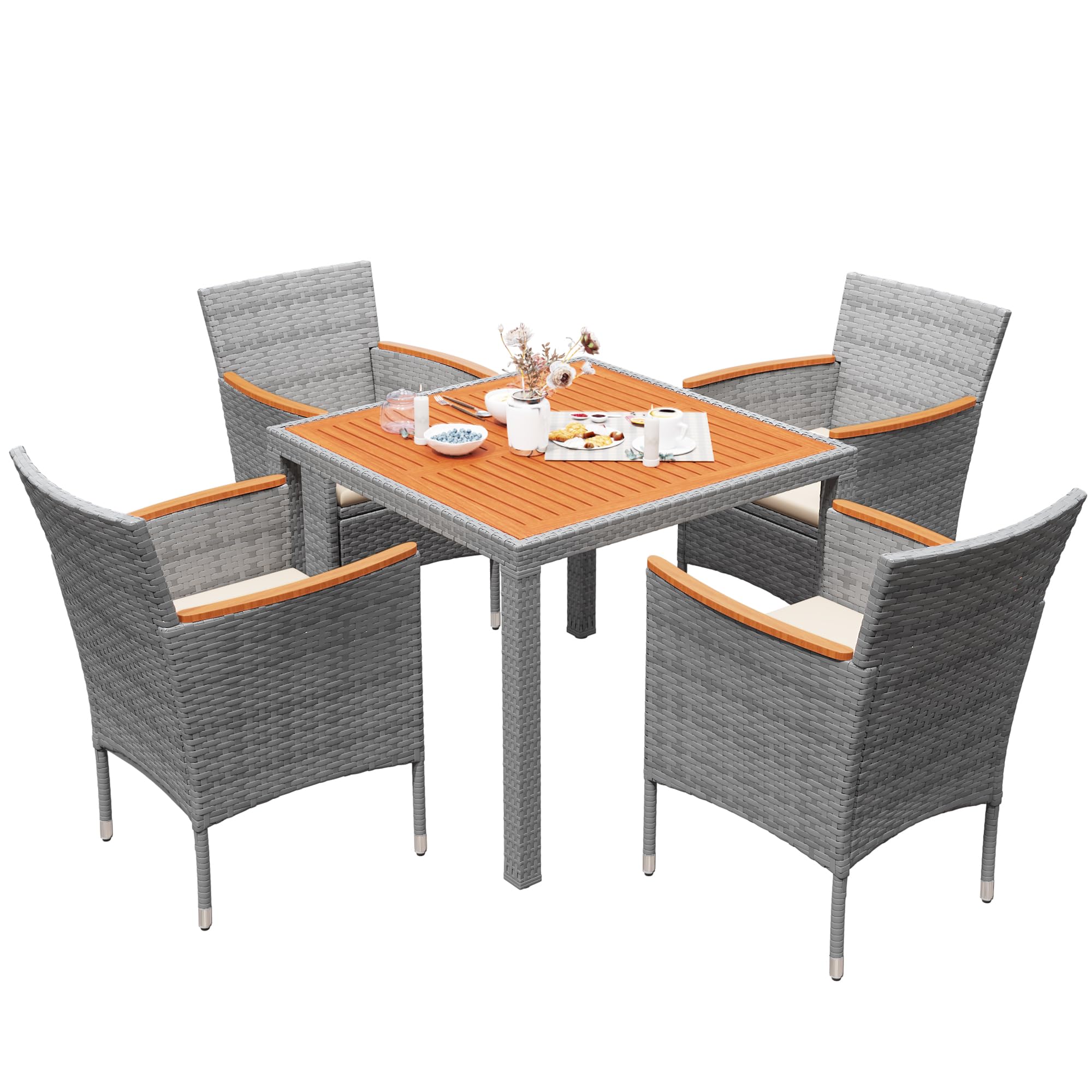 Devoko Dining 7 PCS Furniture, Patio Conversation Set with Acacia Wood Table Top, Outdoor, Beige Cushion and Black Rattan