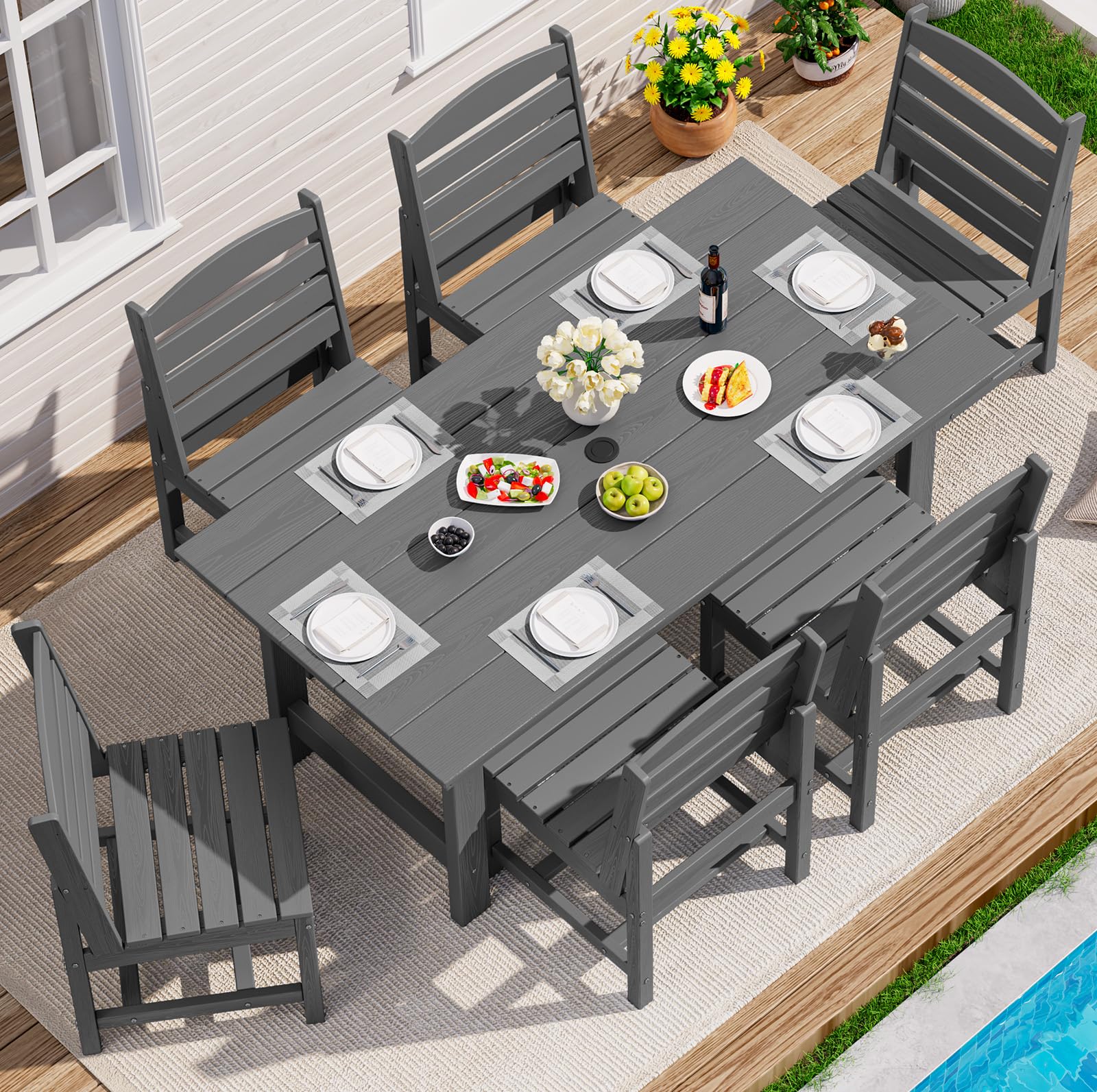 SERWALL 7-Piece Patio Dining Table Sets, Outdoor HDPE Dining Furniture Set with Umbrella Hole Cut-Out Table and 6 Chairs, Blue