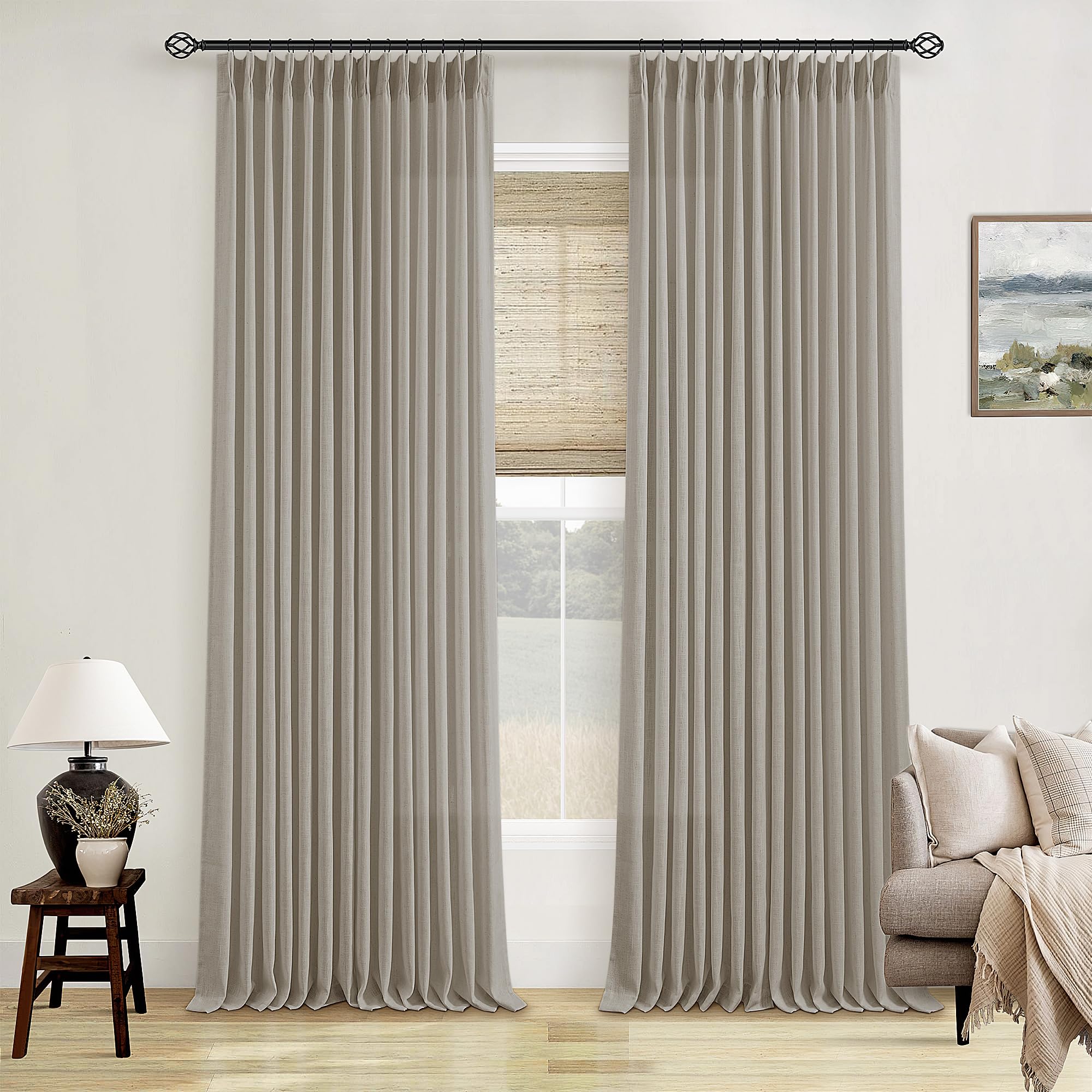 Pinch Pleated Linen Curtains 108 Inches Long for Living Room 2 Panels Set Cream Ivory Flax Double Pleated Drapes Back Tab Neutral Boho Ceiling Floor 108 Inch Window Curtains Bedroom Natural Birch