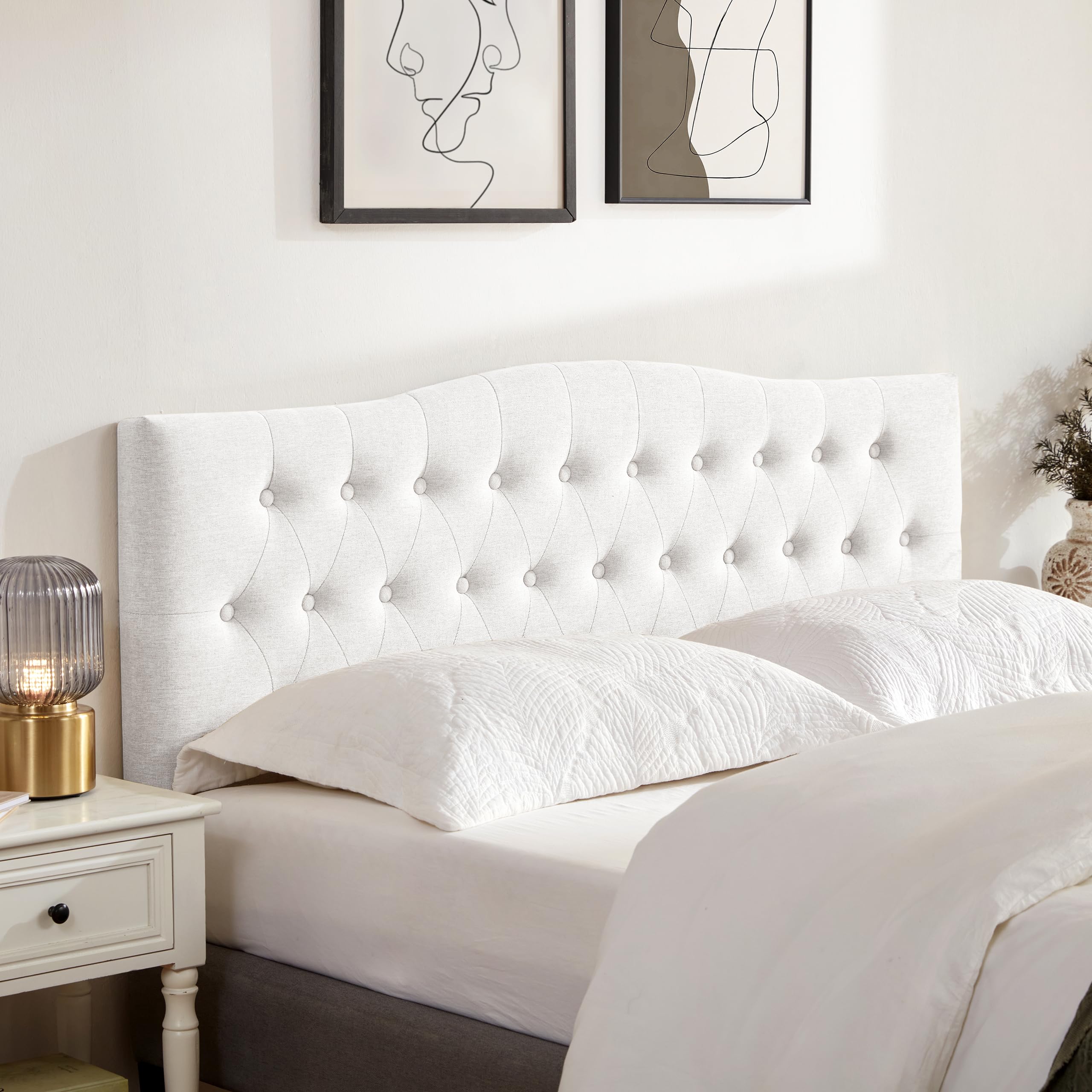 Huatean Home Tufted Upholstered Headboard Queen Size, Sturdy and Durable Solid Wood Bed headboard, Fabric Headboard Adjustable Height from 37” to 51”, Modern Button Diamond Design Head Board, Beige