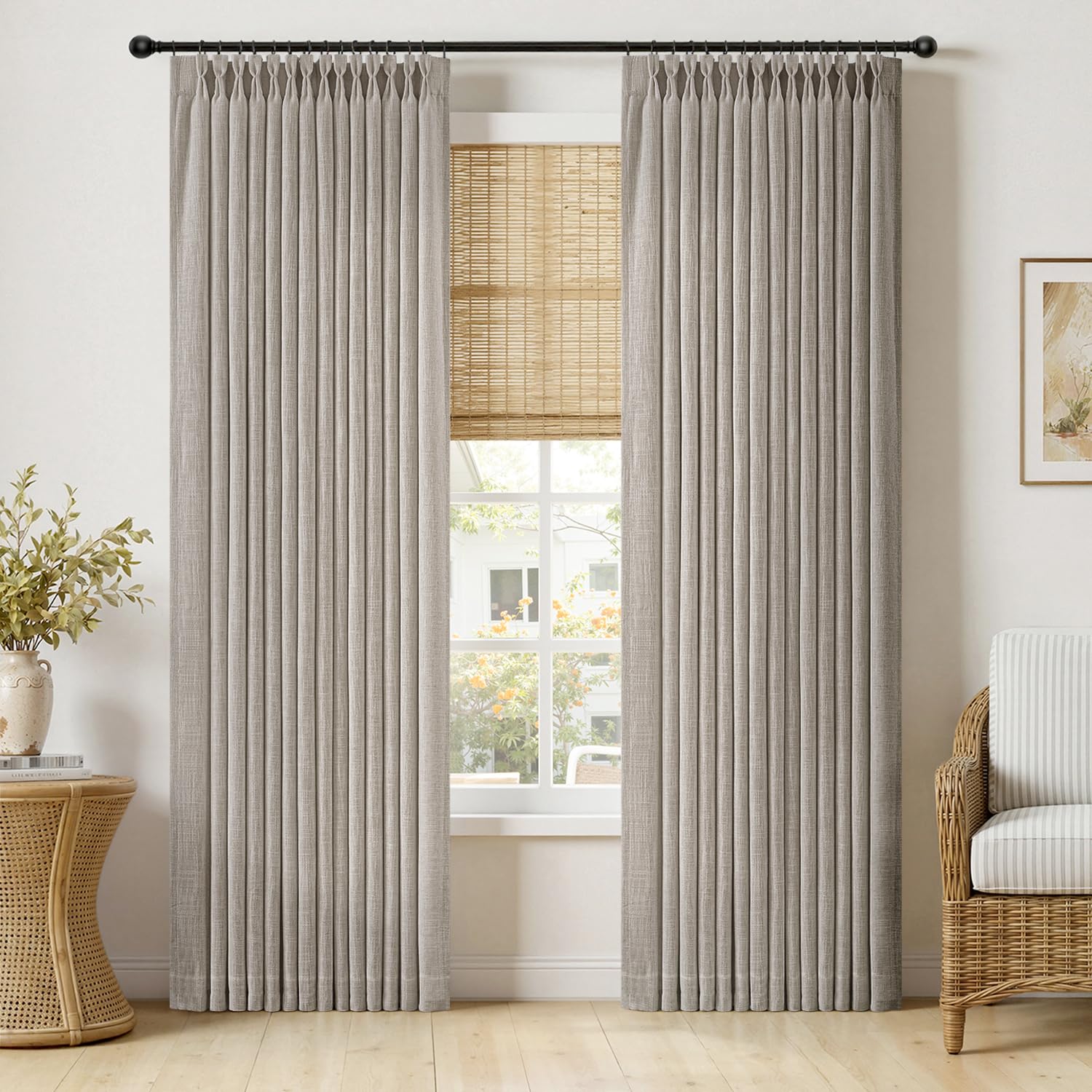 MIULEE Pinch Pleated Thick Linen Curtains 90 Inches Long 2 Panels for Living Room Bedroom, Memory Trained Pinch Pleat Drapes Back Tab Light Filtering Natural Ivory Cream Window Curtains with Hooks
