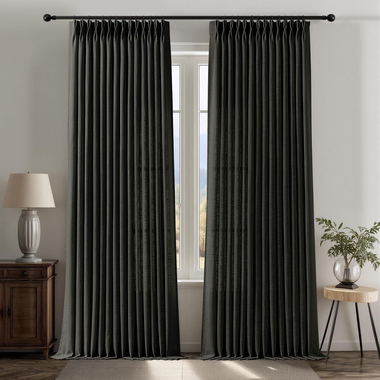 Pinch Pleated Linen Curtains 84 Inch Length 2 Panels Set, Light Filtering Linen Blend Sheer Drapes Memory Trained Pleated Curtain Back Tab with Hooks Rings for Living Room Bedroom, Natural, W40xL84