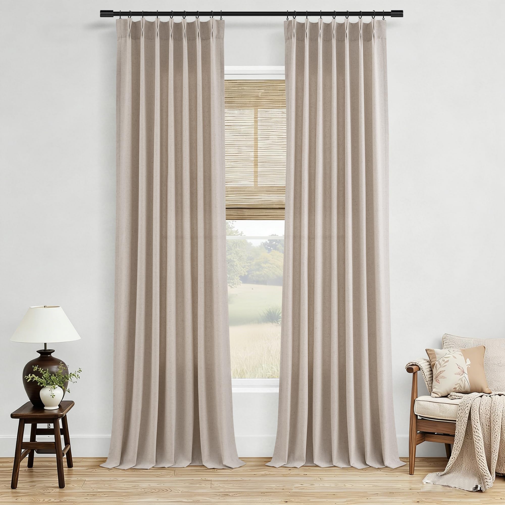 Extra Long Linen Curtains 108 Inch for Living Room Cream Pinch Pleated 9 FT Drapes Semi Sheer Ceiling to Floor Curtain for Bedroom Back Tab Flax Neutral Boho Decor Window, Natural Beige Ivory 2 Panels