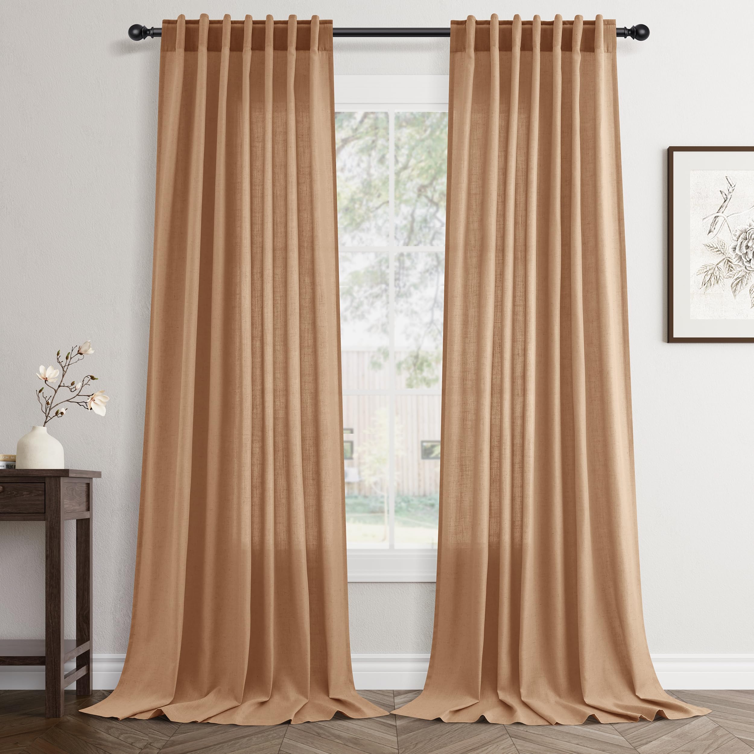 Flax Linen Beige Curtains 96 inches Long 2 Panel for Living Room Back Tab Pocket Drapes Semi Sheer Privacy Khaki Window Curtain Country Rustic Farmhouse Cloth Curtain for Dinning Room Tan