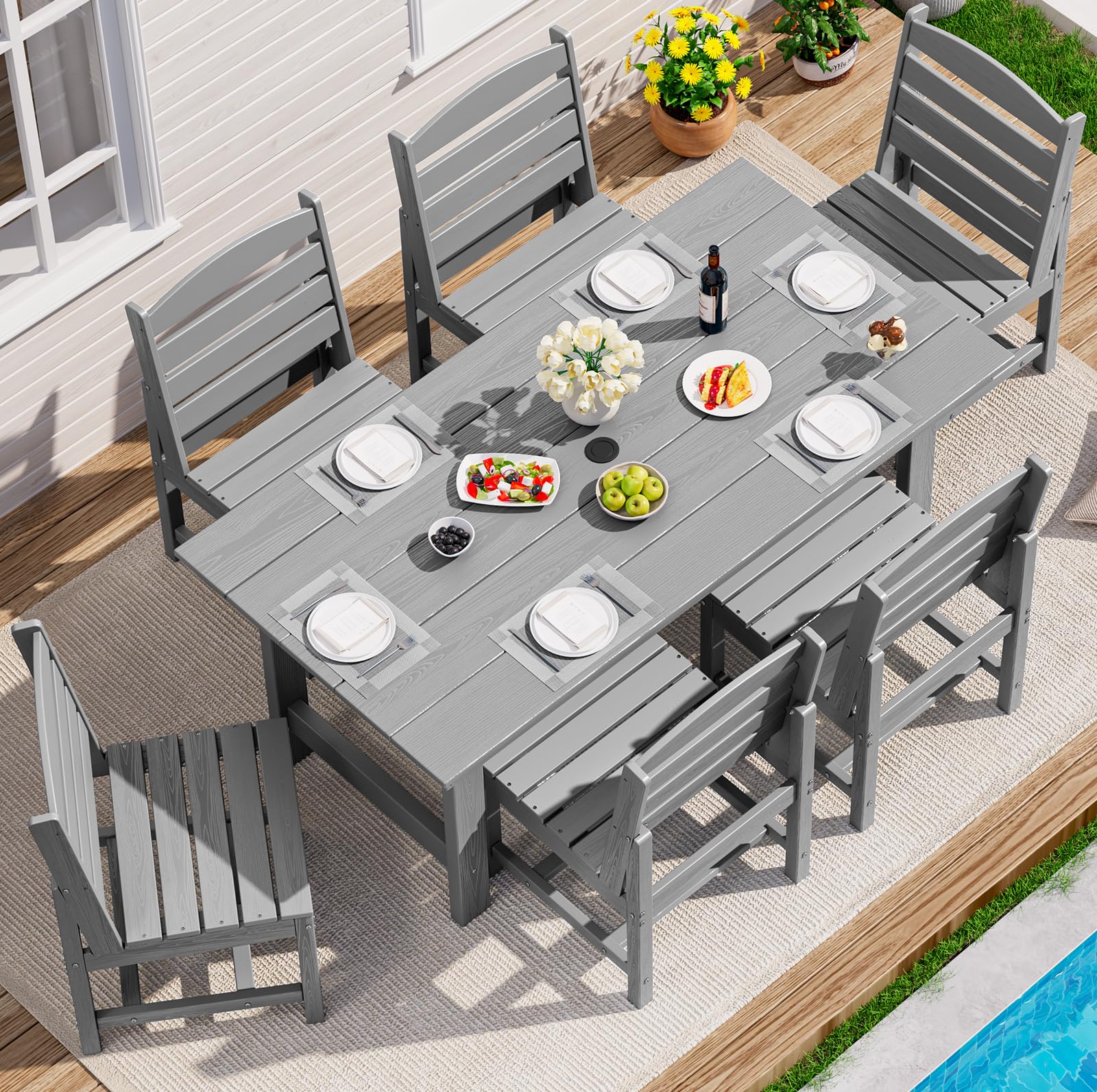 SERWALL Patio Dining Sets for 6 Person, HDPE Dining Set with 6 Armless Chairs, Black