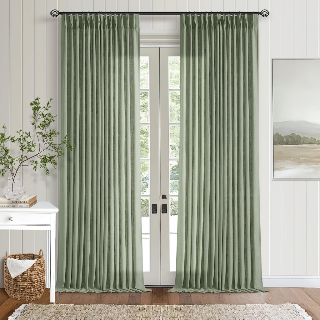 Pinch Pleated Linen Curtains 108 Inches Long for Living Room 2 Panels Set Cream Ivory Flax Double Pleated Drapes Back Tab Neutral Boho Ceiling Floor 108 Inch Window Curtains Bedroom Natural Birch