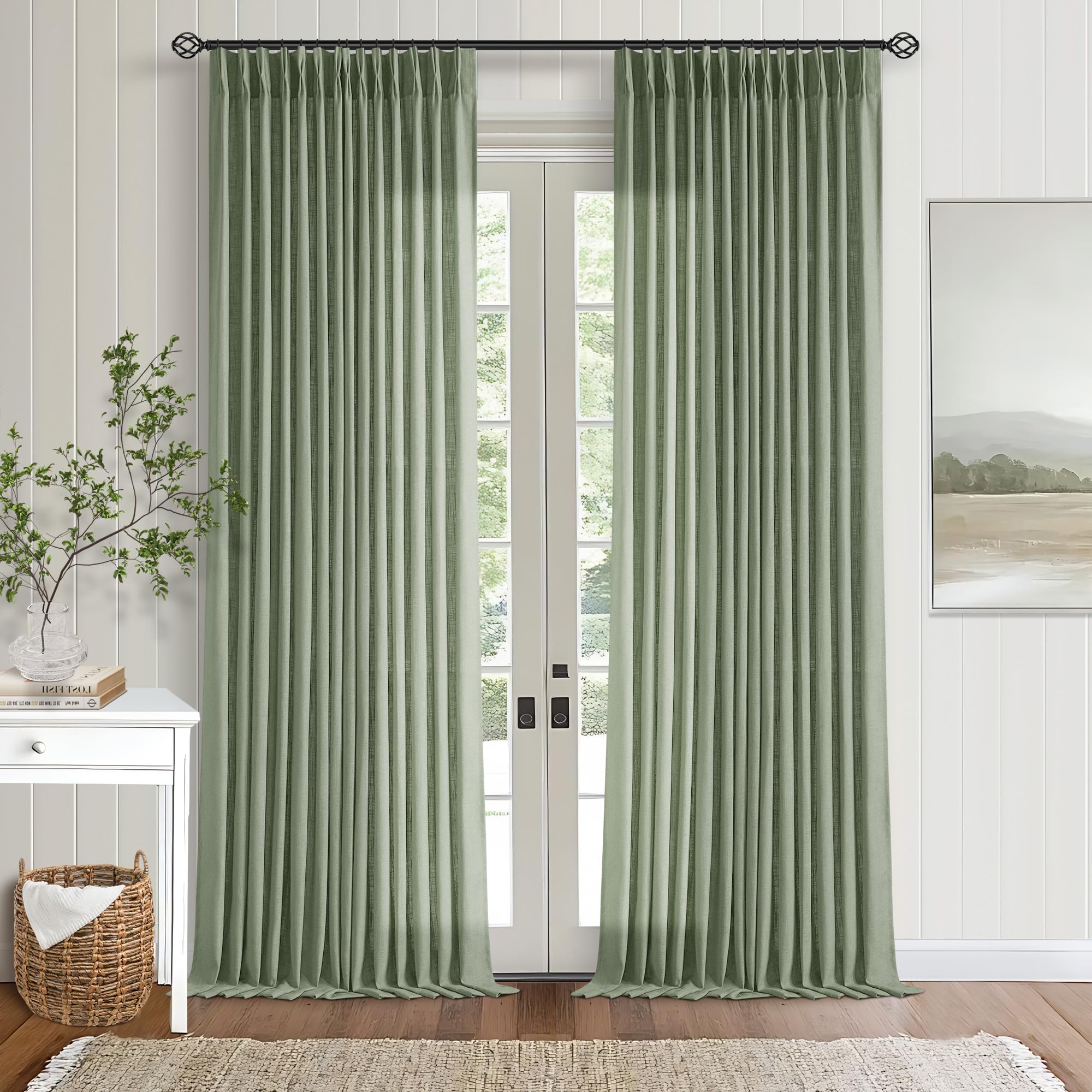 Pinch Pleated Linen Curtains 108 Inches Long for Living Room 2 Panels Set Cream Ivory Flax Double Pleated Drapes Back Tab Neutral Boho Ceiling Floor 108 Inch Window Curtains Bedroom Natural Birch