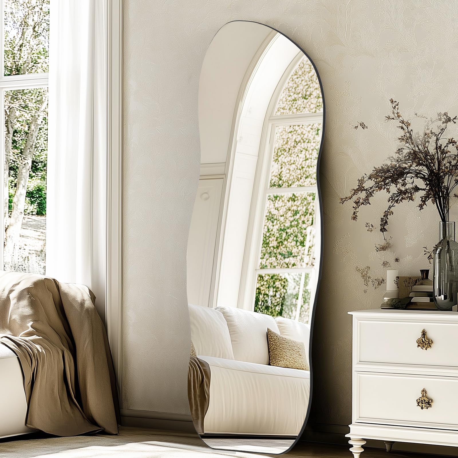 QDSSDECO Full Length Mirror 63"x24" Irregular Wall Mirror Wave Frameless for Living Room Bathroom Bedroom Entryway Decor