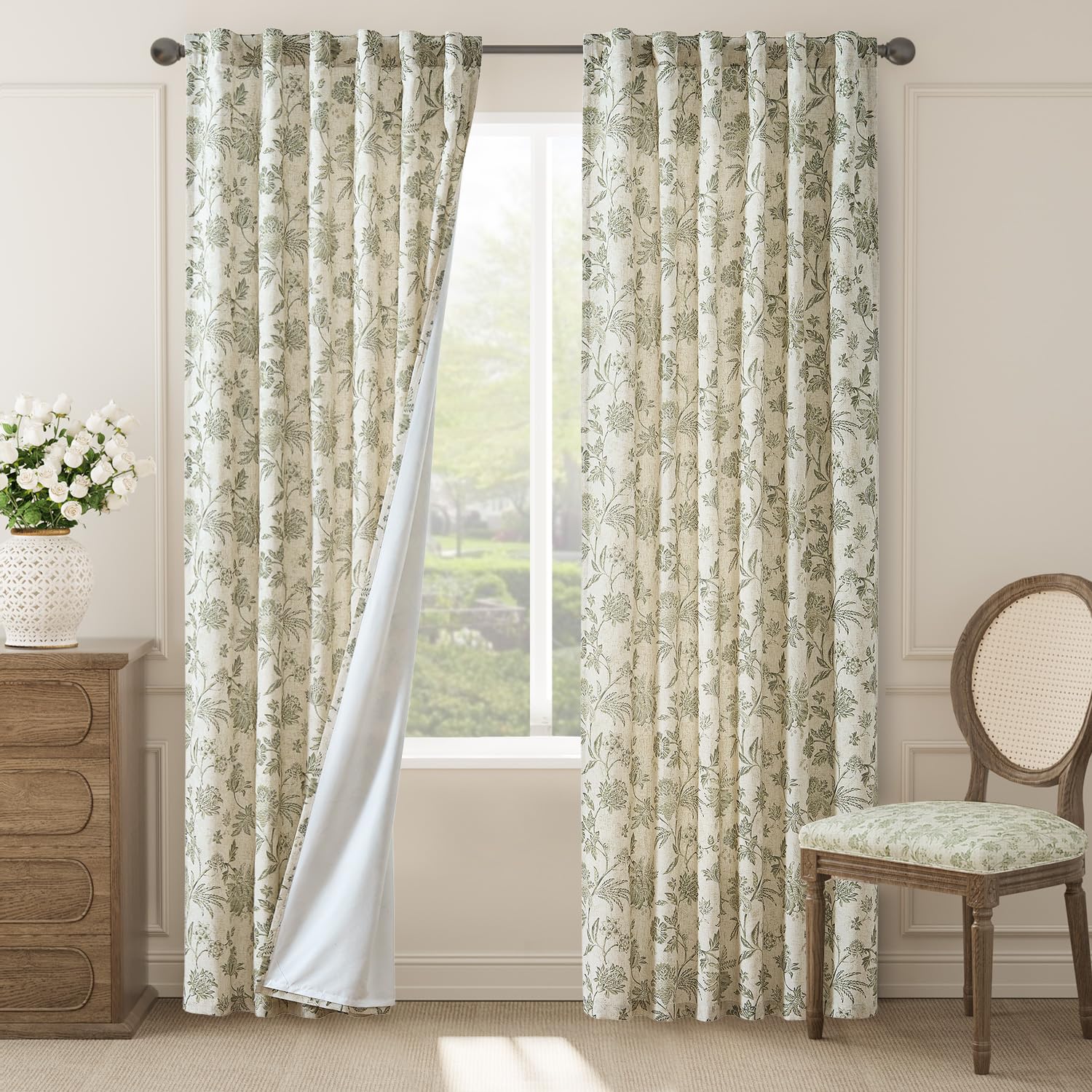 jinchan Linen Floral Curtains for Living Room with Printed Flower 84 Inches Long Light Filtering French Country Back Tab Rod Pocket Taupe Window Curtain Set Farmhouse Drapes 2 Panels Taupe
