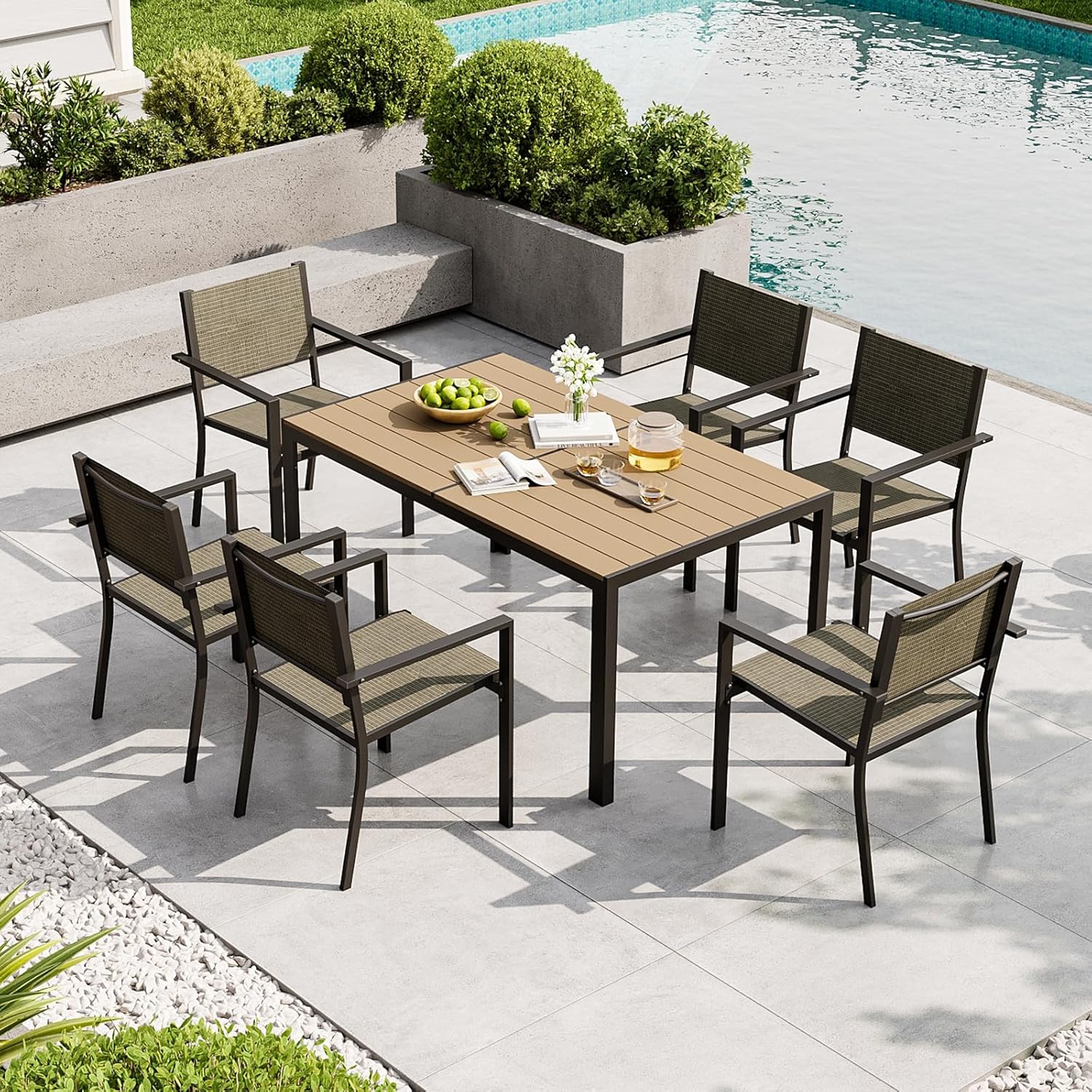 Aoxun 7-Piece Patio Table and Chairs Set for 6, All Weather Outdoor Dining Set with 6 Textilene Chairs and 1 Rectangular Metal Table, Patio Dining Sets for Backyard, Garden and Poolside, Brown